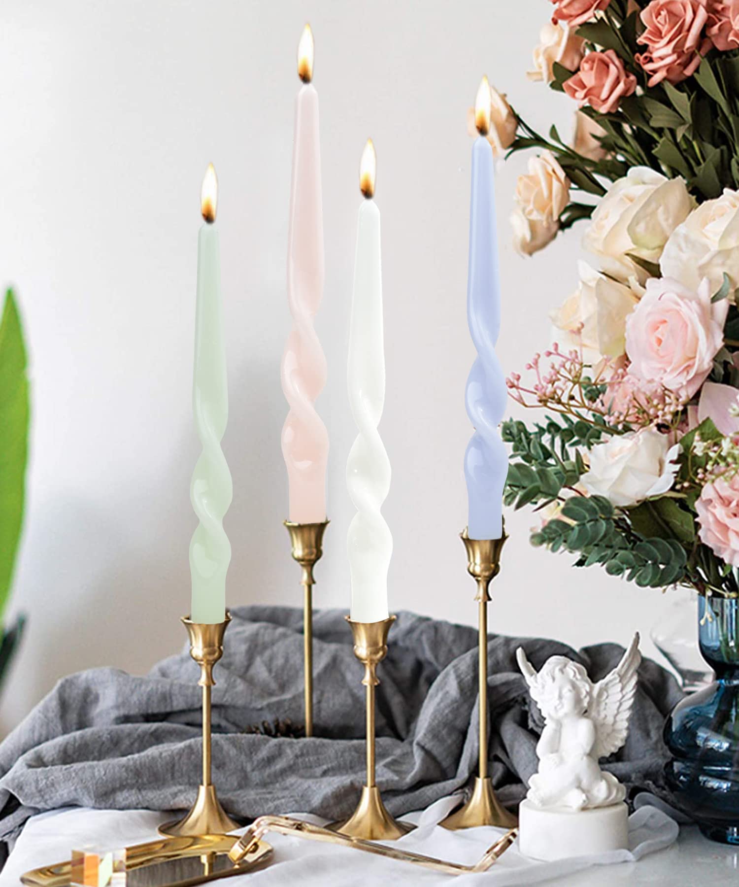 LPUSA Olive Green Spiral Taper Candles Handmade Twisted Candle Conical Stick Candles for Holiday Wedding Party Wax Unscented Dinner Candle Dripless,Christmas Gift H 10 Inch, 4pcs(Olive Green)