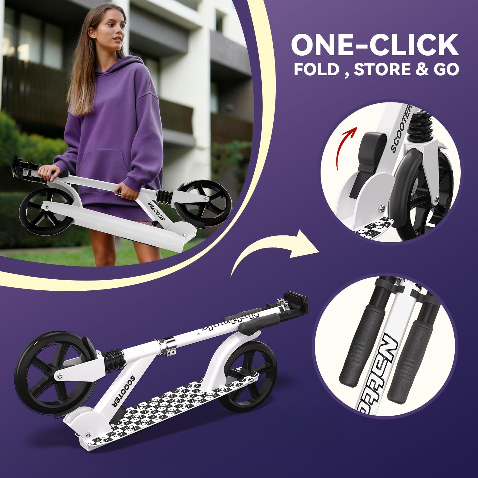 Nattork Kick Scooter for Teens Adults, Max Load 240 LBS, Adjustable Height Foldable with 8" Large Wheels, Anti-Shock Suspension White