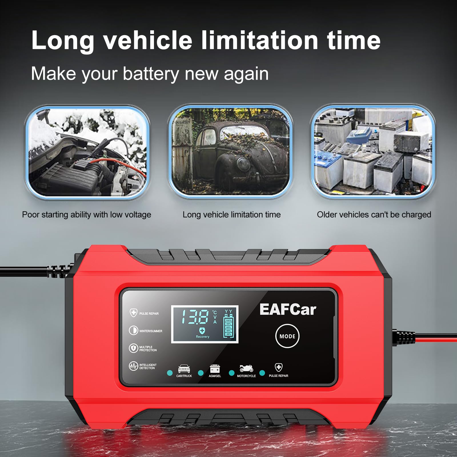 EAFCar 12V 6A Car Battery Charger, Trickle Charger and Maintainer, Smart Fully Automatic Battery Charger w/Temperature Compensation for Lead Acid Battery Charging and Maintenance