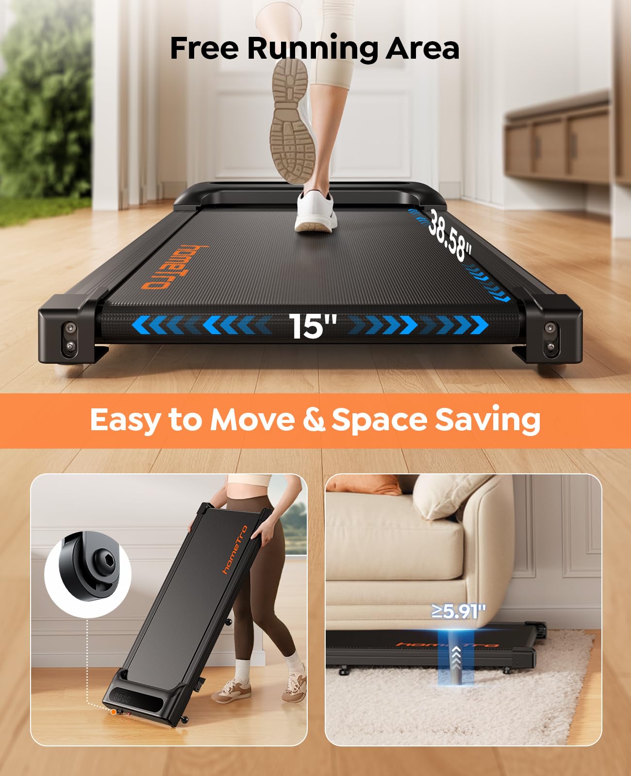 homeTro 3.0HP Walking Pad with 9% Incline, 0.6-5 MPH, Compact & Portable Under Desk Treadmill for Home/Office, Maximum 265lbs Capacity, Remote, APP Control, for Jogging/Running, Assemble Free, Red