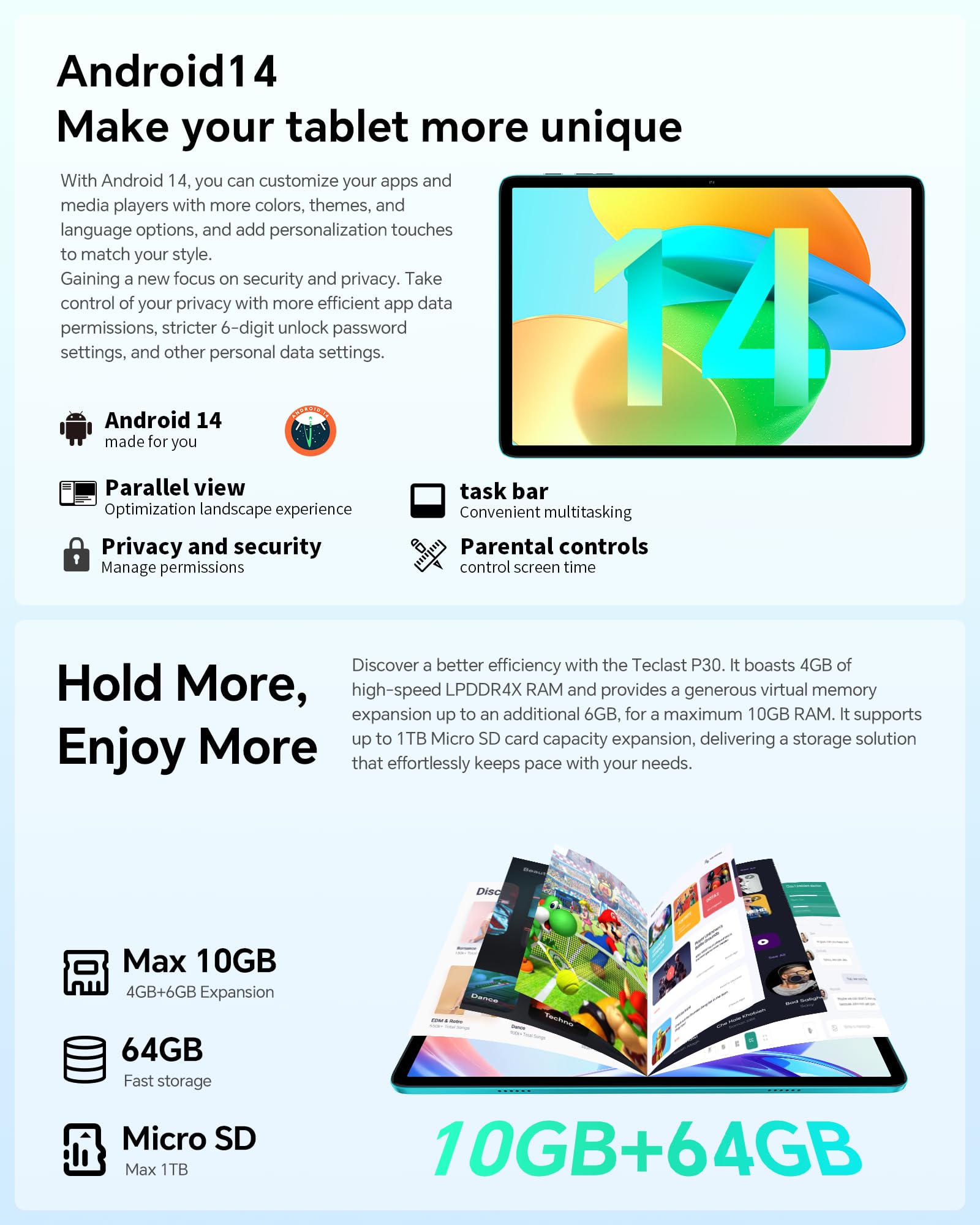 TECLAST Android 14 Tablet 10 inch Tablets, P30 10GB RAM 64GB ROM 1TB Expand, Octa-Core Processor, 1280x800 IPS HD Touch Screen, WiFi 6, Dual Camera, BT5.4, 6000mAh, Widevine L1