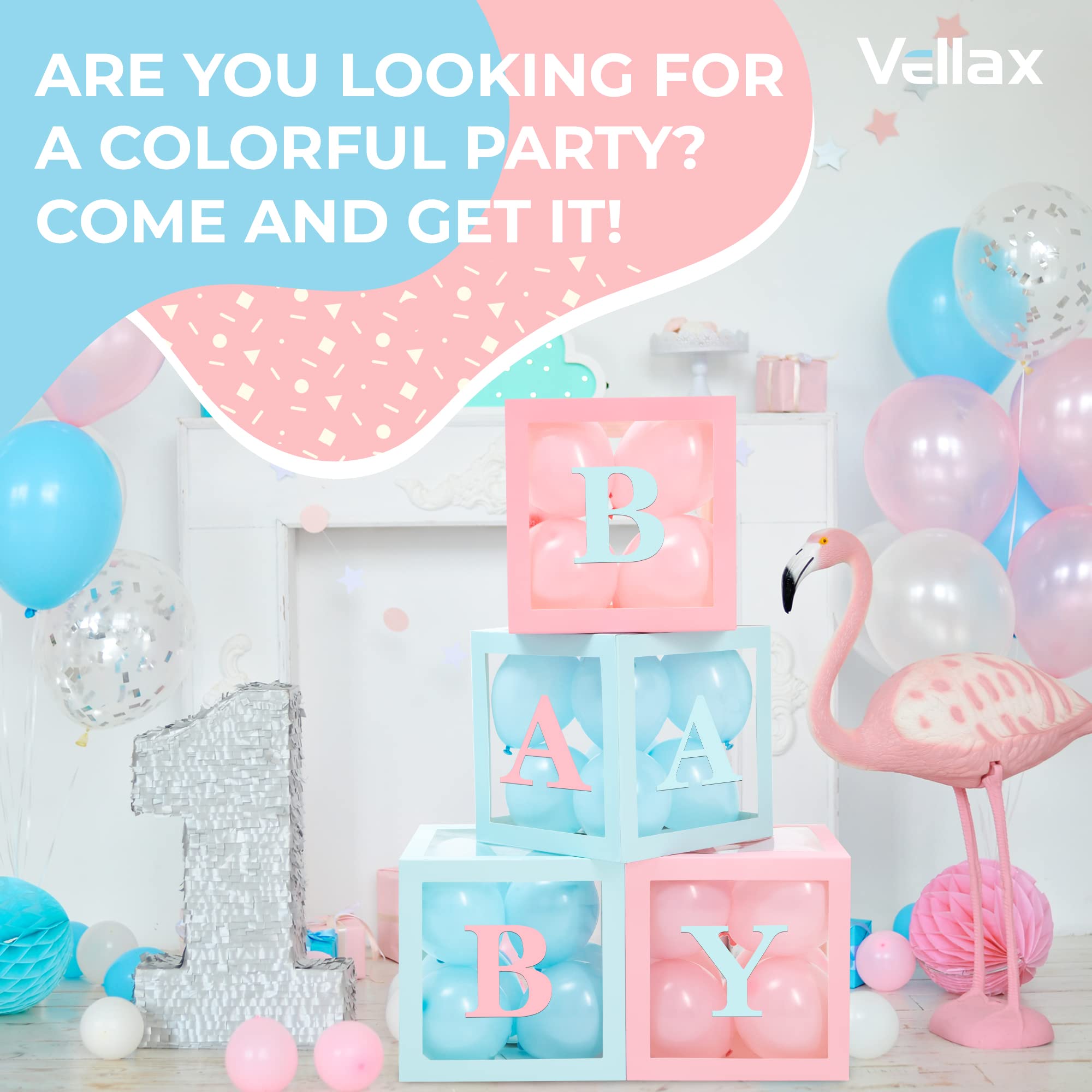 Baby Shower Boxes with Letters – Pink And Blue Boxes with Pink & Blue Balloons – 44-Piece Gender Reveal & Party Decoration Set by Vellax