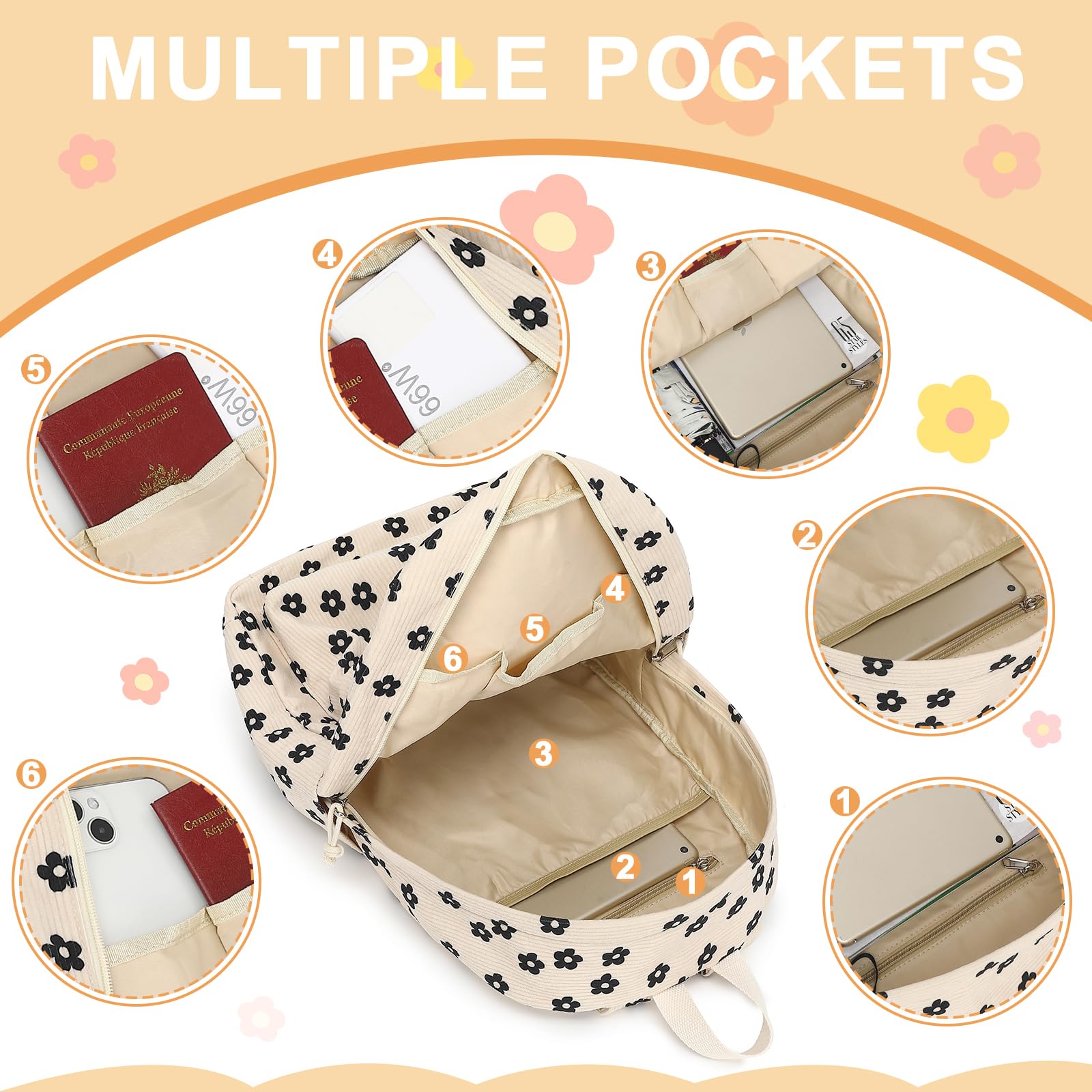 Bluboon School Backpack for Teen Girls Bookbags Elementary High School Corduroy Laptop Bags Women Travel Daypacks(Beige Corduroy Floral