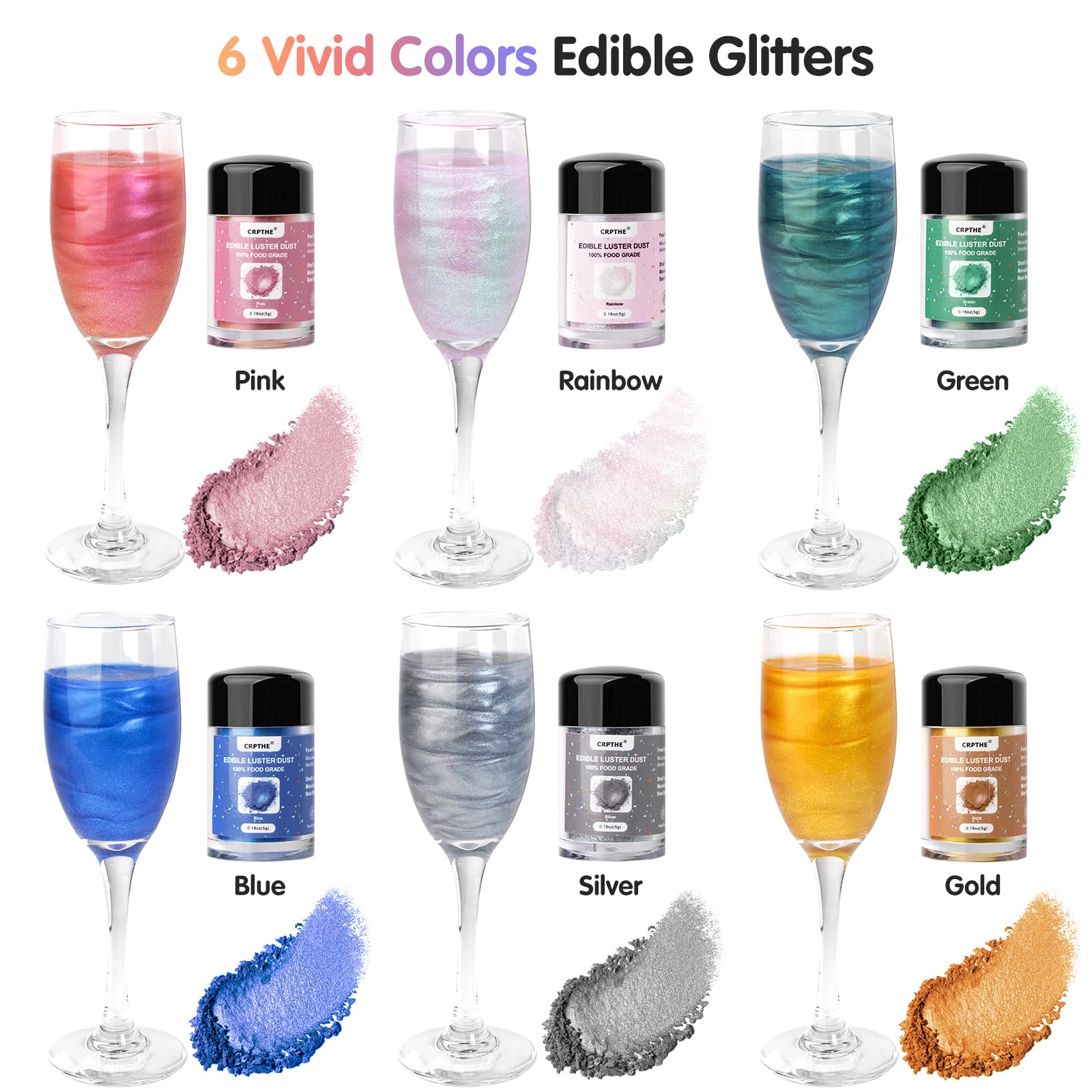 CRPTHE 6 Colors Luster Dust Edible Set, Edible Glitter for Cocktails, Food Grade Glitter Shimmer Sprinkle Powder for Drinks, Baking, Beverages, Cakes, Strawberries, Cookies, Fondant, Vegan(5g/Bottle)