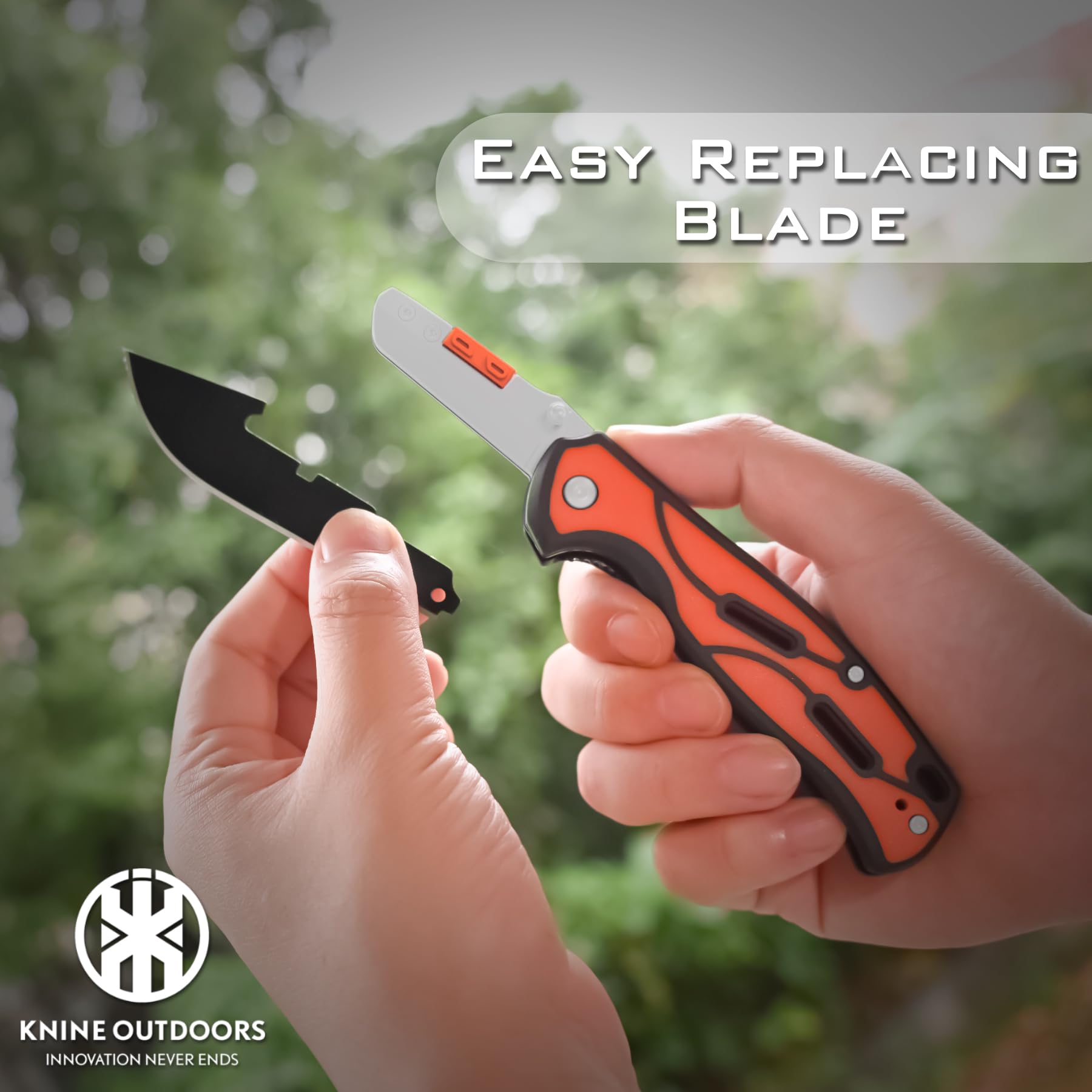 KNINE OUTDOORS Hunting Double Blade Pocket Knife with Replaceable Blades and Clip, Skinning Knife, Gutting Knife, EDC Knife for Deer Hunting, with 9 Blades (Orange)