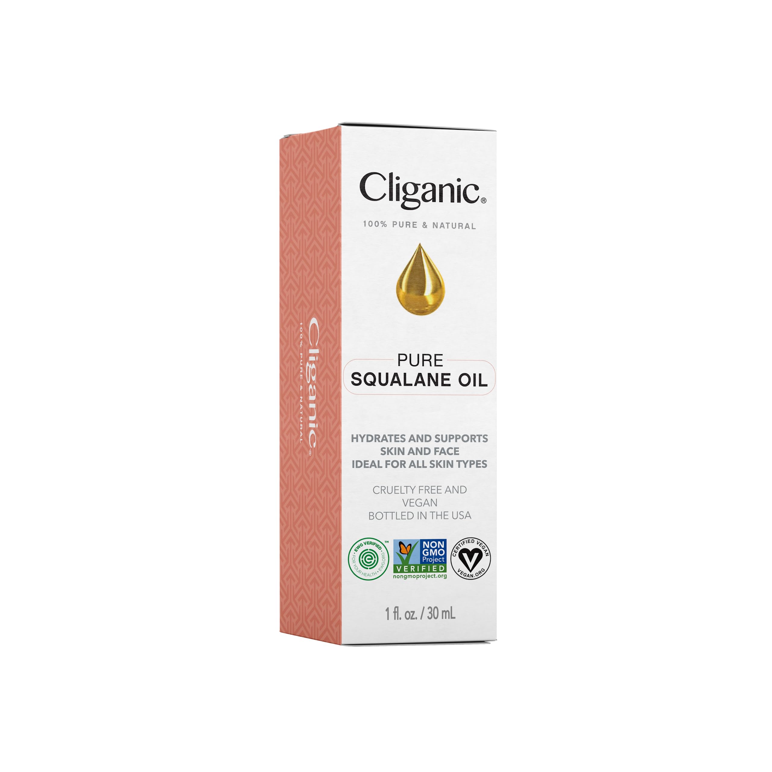 Cliganic Pure Squalane Oil for Skin & Hair (1oz) - Non-GMO Verified, Natural Plant-Derived Face Moisturizer