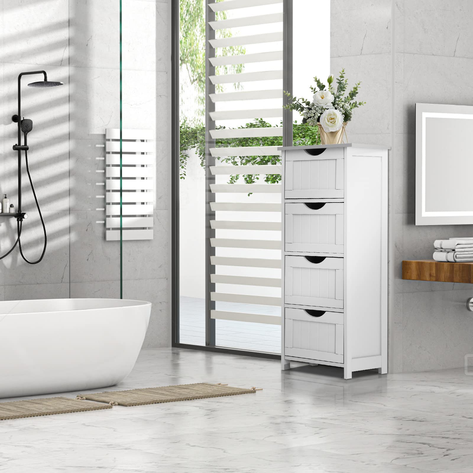 VINGLI White Bathroom Storage Cabinet with 4 Drawers Wooden Freestanding Slim Bathroom Floor Cabinet Small Side Organizer Storage Unit for Restroom Livng Room Kitchen Office Hallway Entryway