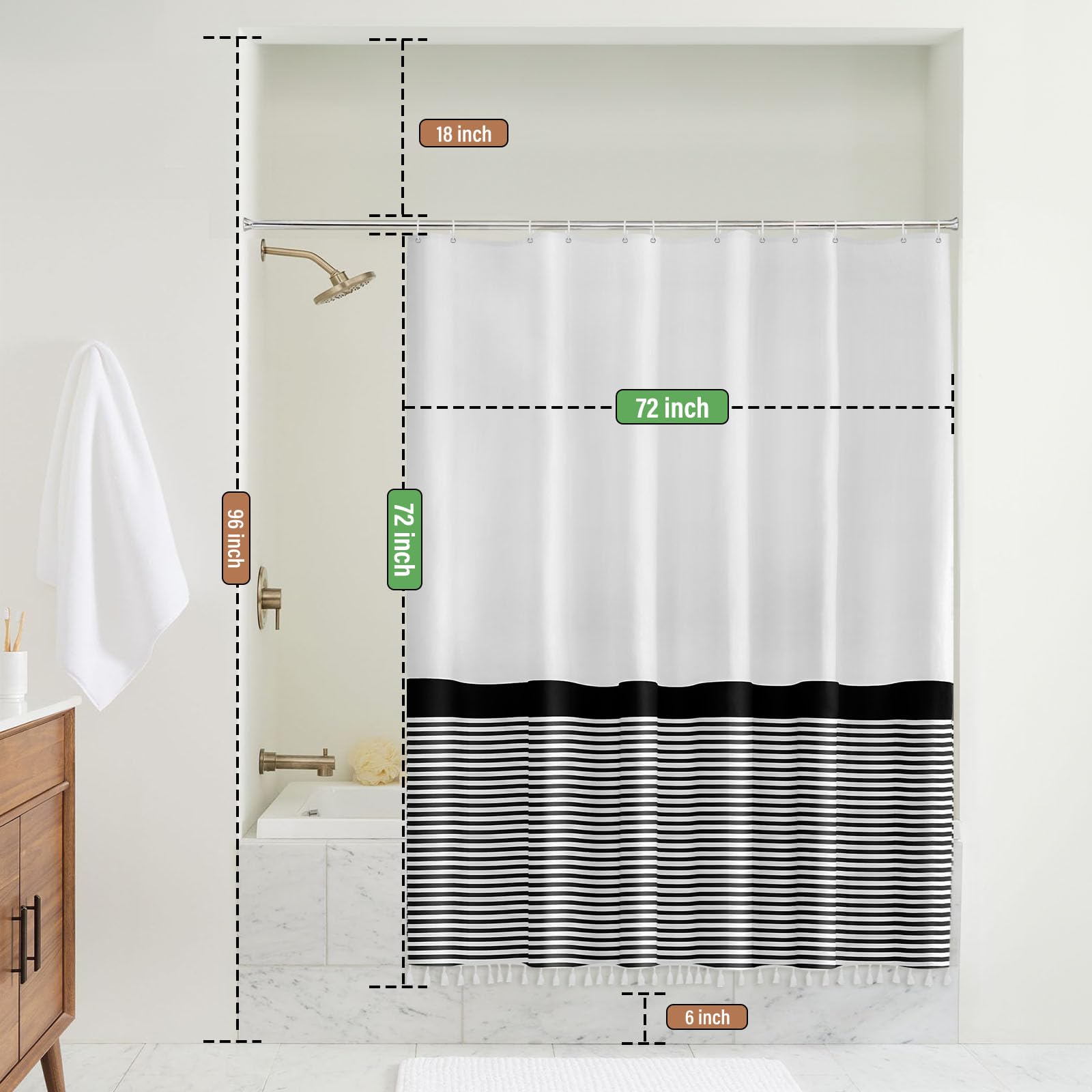 Seasonwood Black and White Shower Curtain Striped with Tassels for Bathroom Decor,Heavy Weighted 72-Inch, 72 x 72