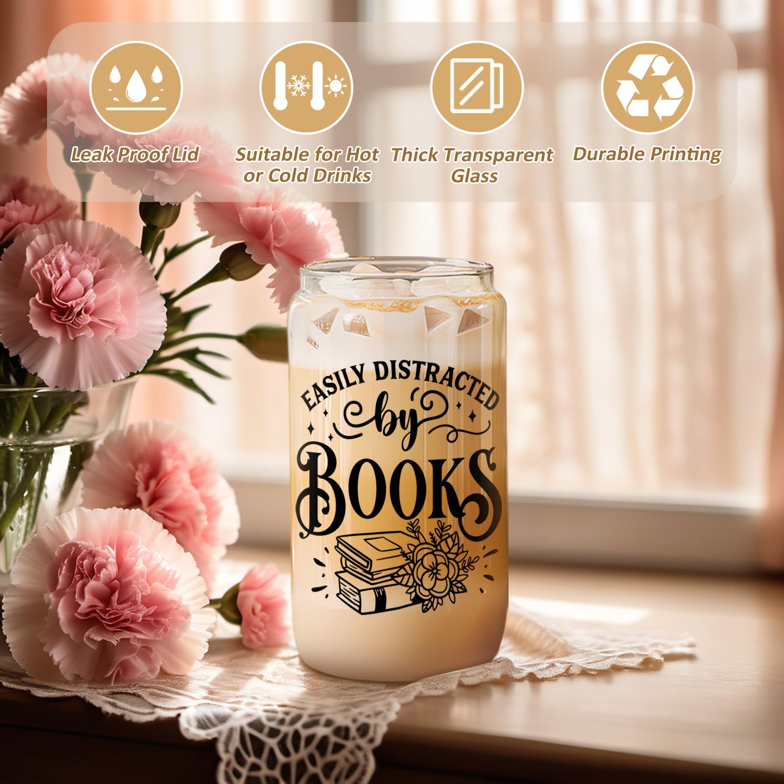 Coolife 16 oz Book Lovers Coffee Glass Cups Tumblers w/Lids Straws, Bookish Gifts for Women, Bookworm Gifts for Book Lovers Club, Librarian Stuff, Readers Accessories, Christmas Birthday Reading Idea