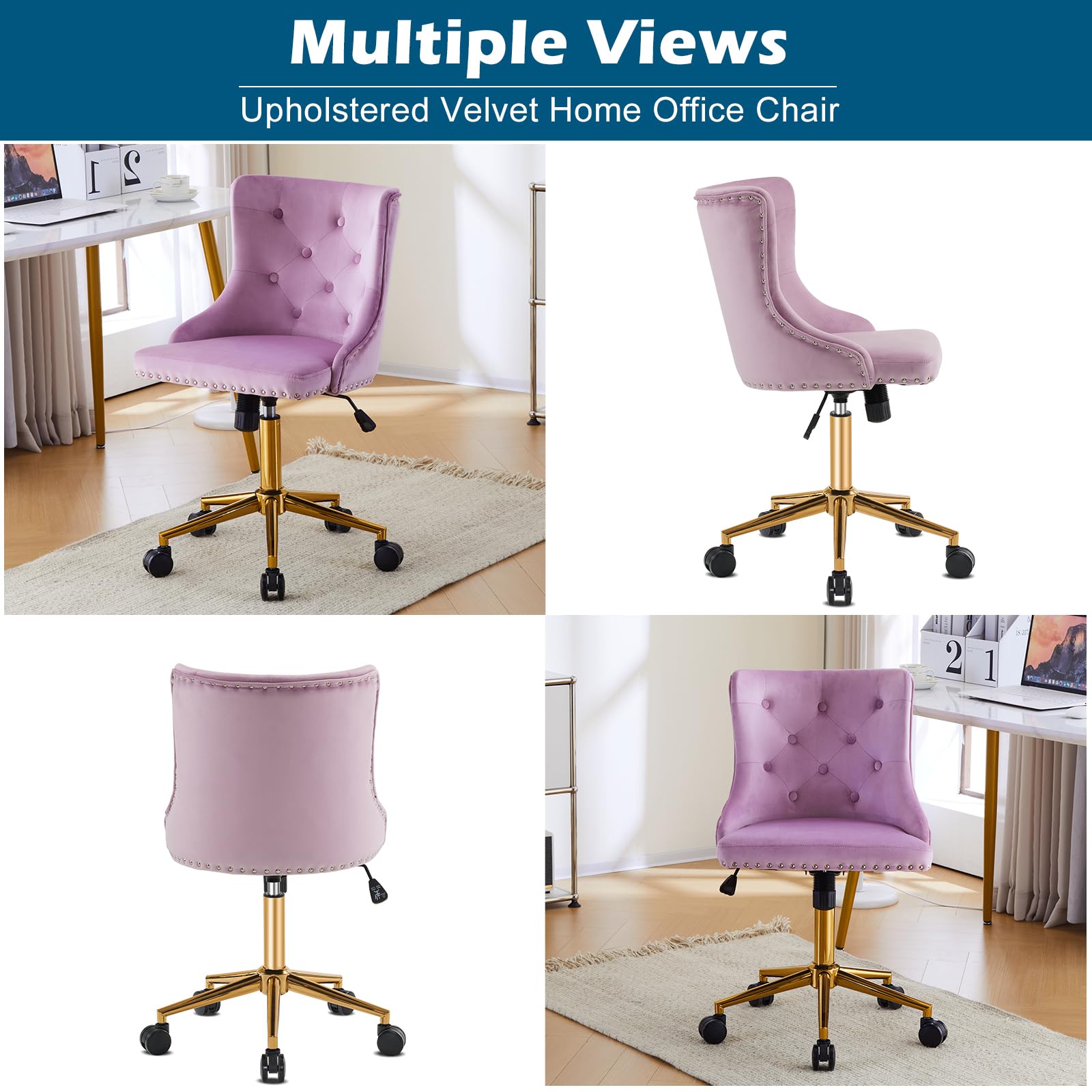 VINGLI Mauve Purple Armless Home Office Desk Chair with Gold Base/Wheels, Small Cute Vanity/Makeup Chair with Back for Bedroom, Upholstered Adjustable Rolling Swivel Nail Chair for Women/Girls