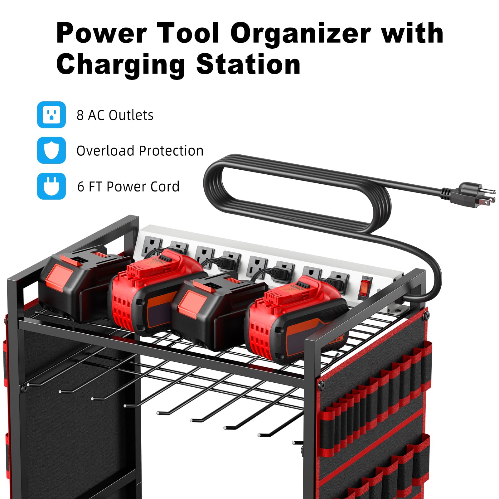 JUNNUJ Large Power Tool Organizer Cart with Charging Station, Garage Floor Standing Rolling Drill and Tools Battery Storage Cart on Wheels, Heavy Duty Utility Rack Shelf with 8 Outlet Power Strip