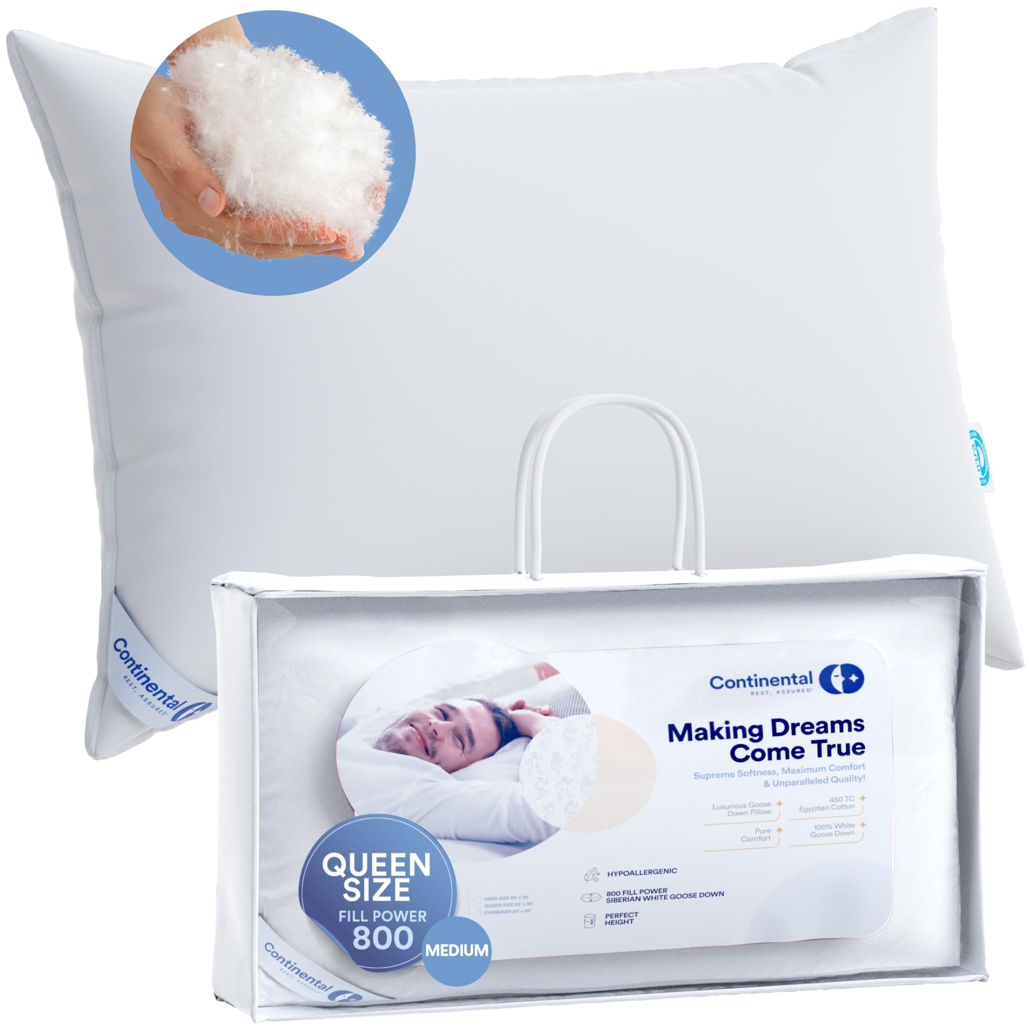 Continental Bedding 100% Siberian Goose Down Pillow 800 Fill Power, Medium, Queen, White