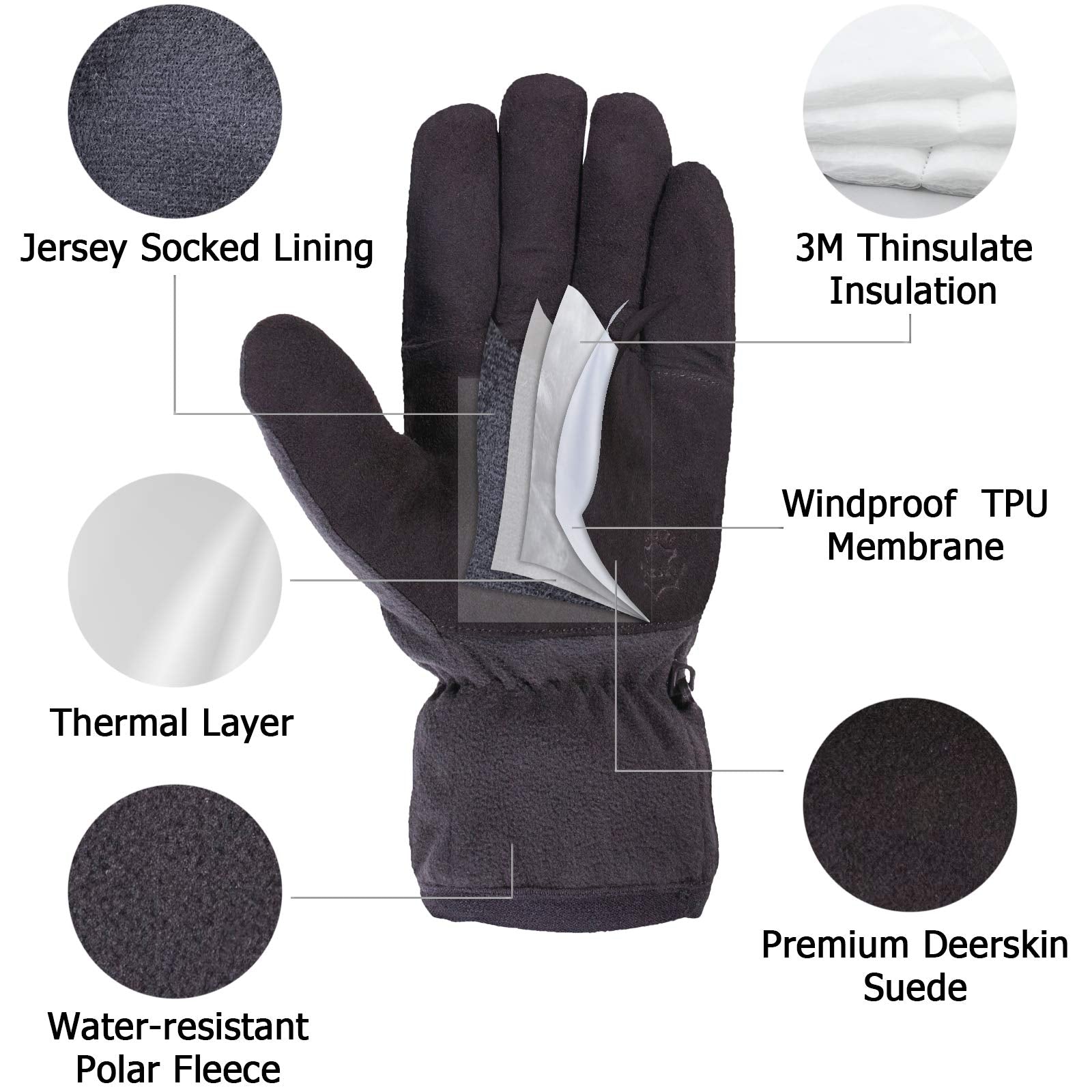 SKYDEER Winter Gloves with Soft Deerskin Suede Leather For Men and Women Cold Weather (SD8661T/L, Warm 3M Thinsulate Insulation)