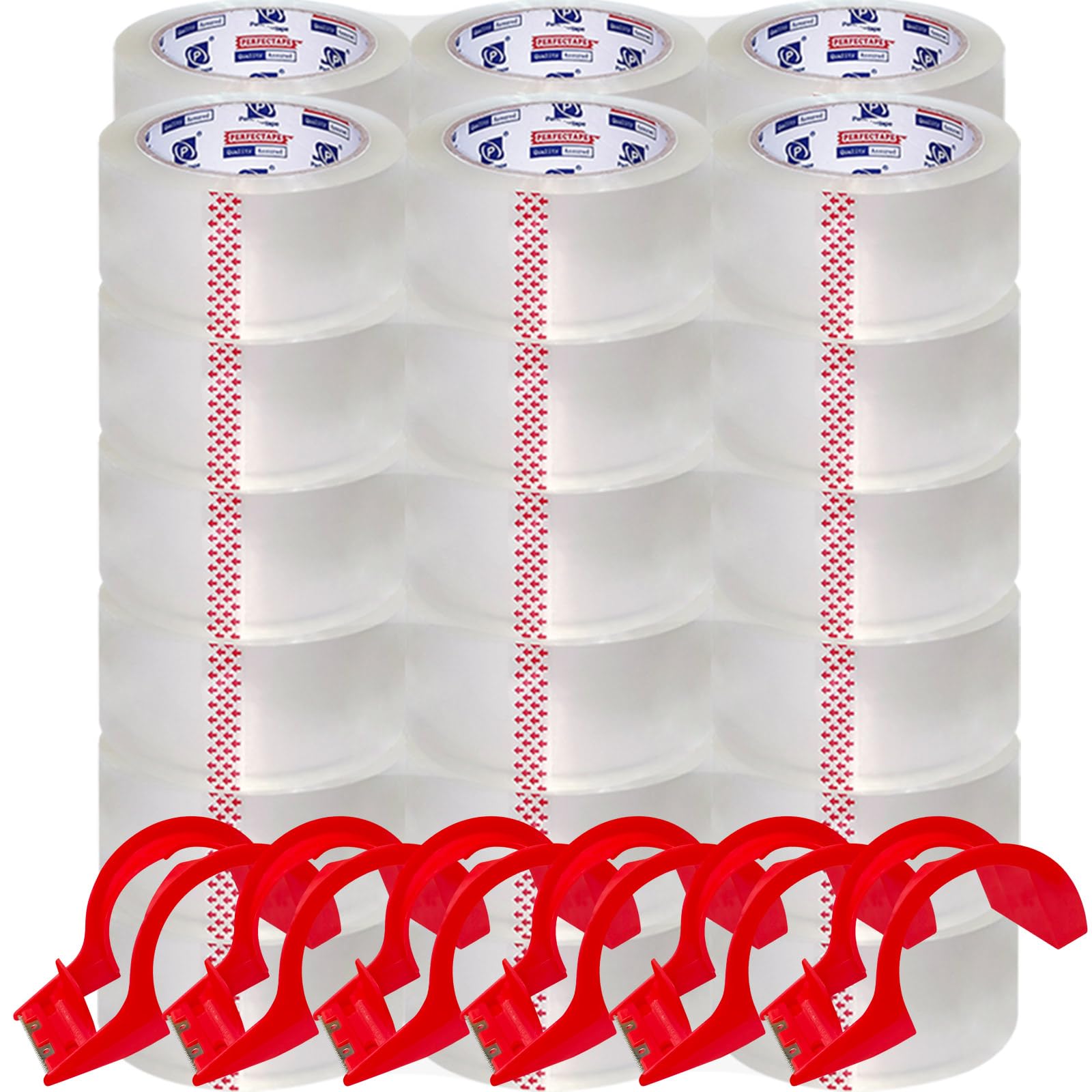 P PERFECTAPE Heavy Duty Packing Tape 36 Rolls with 6 Dispensers, Total 1980Y, Clear, 2.7 mil, 1.88 inch x 55 Yards, Ultra Strong, Refill for Packaging and Shipping