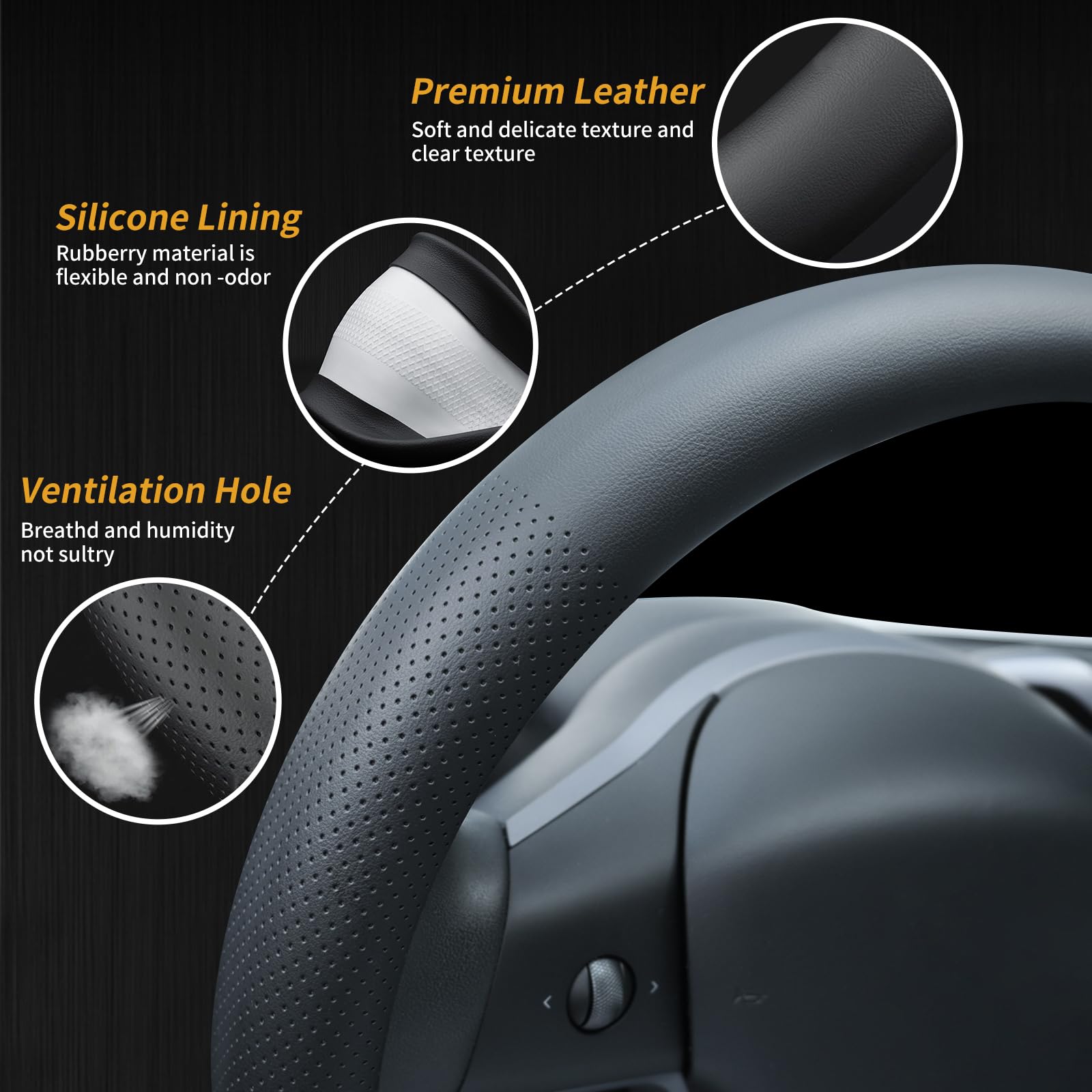 Uxcer Nappa Leather Steering Wheel Cover Compatible with Tesla Model 3/Y 2016-2025 2026 Juniper/Highland, Non-Slip Breathable Model 3/Y Steering Wheel Protector, Black