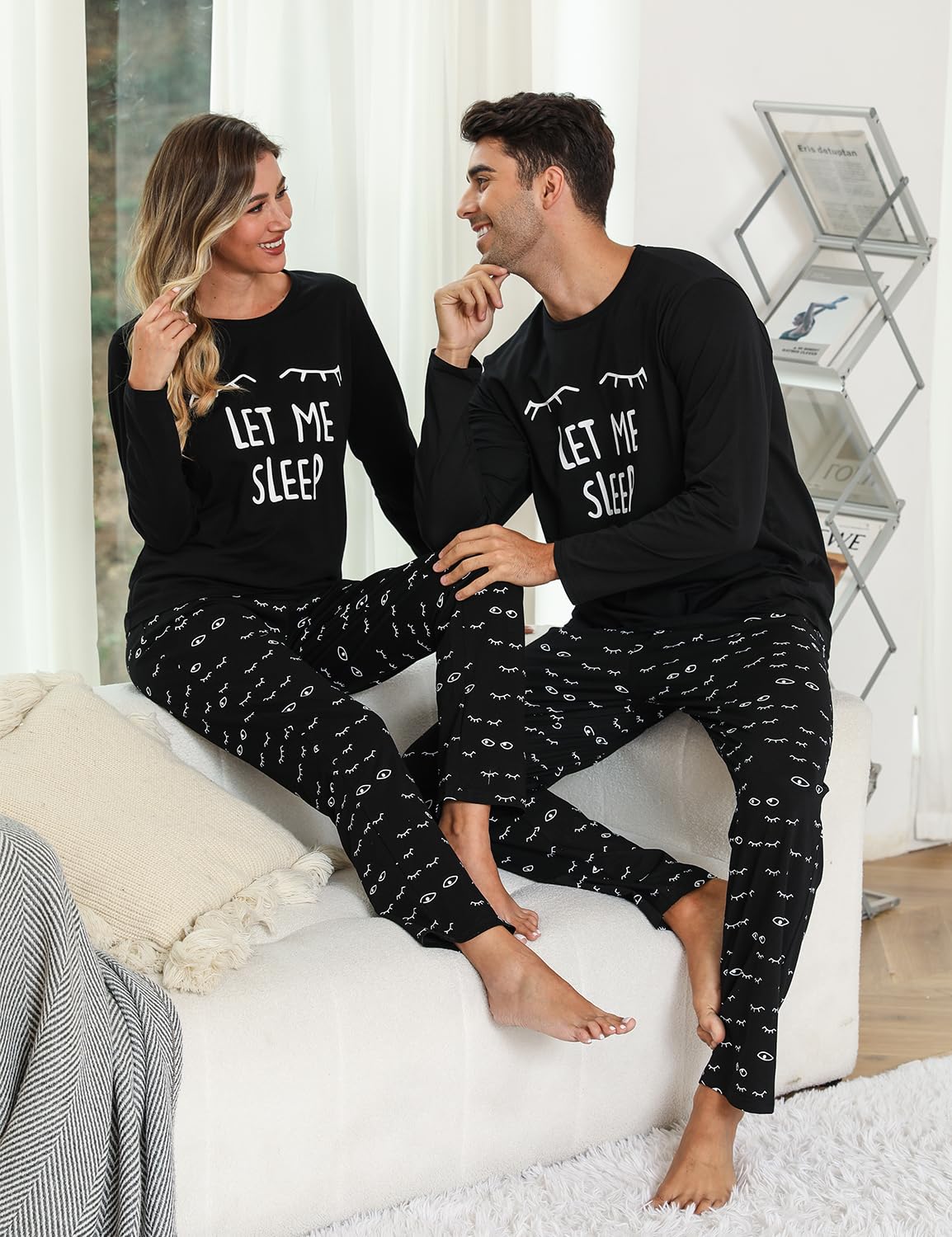 EISHOPEER Cute Pajamas for Women Long Sleeve Top and Pants Pjs Sleepwear with Pockets Black L