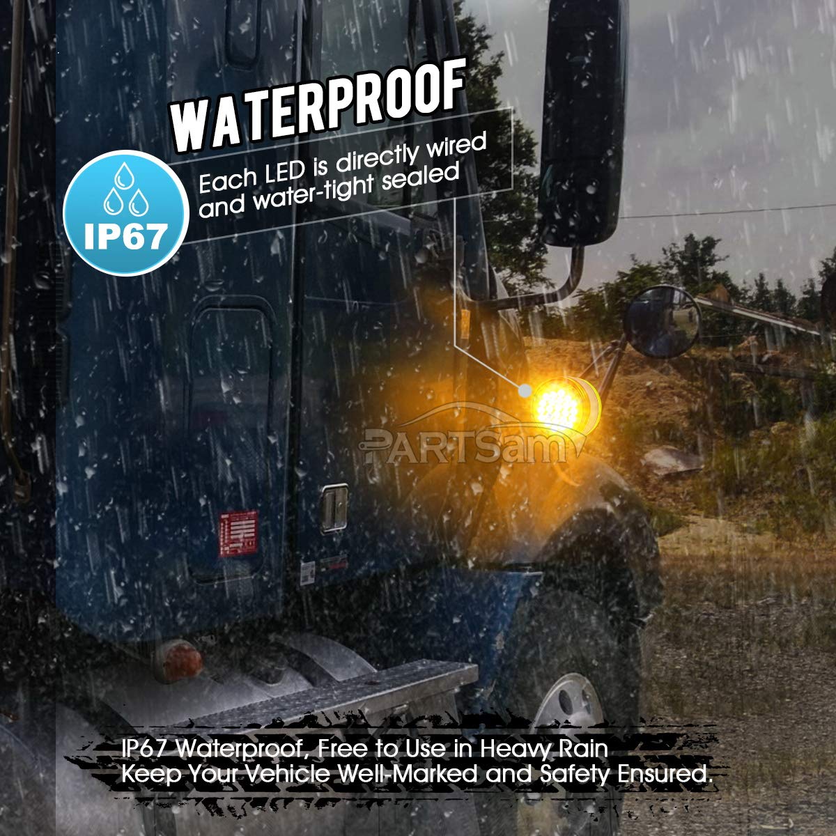 Partsam 2pcs Round Double Face Amber 48LED Pedestal Fender Rear Turn Signal Parking Lights Post Mount, Dual-face Led Marker Trailer Lights Replacement for Heavy-duty Trucks, 10-30V