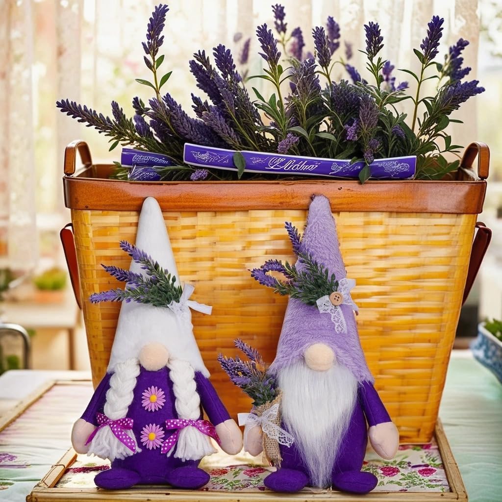 ALLYORS Lavender Gnomes Decor, Spring Summer Gnomes Decorations for Home Office, Purple Gnomes Gifts for Home Kitchen Table Tiered Tray