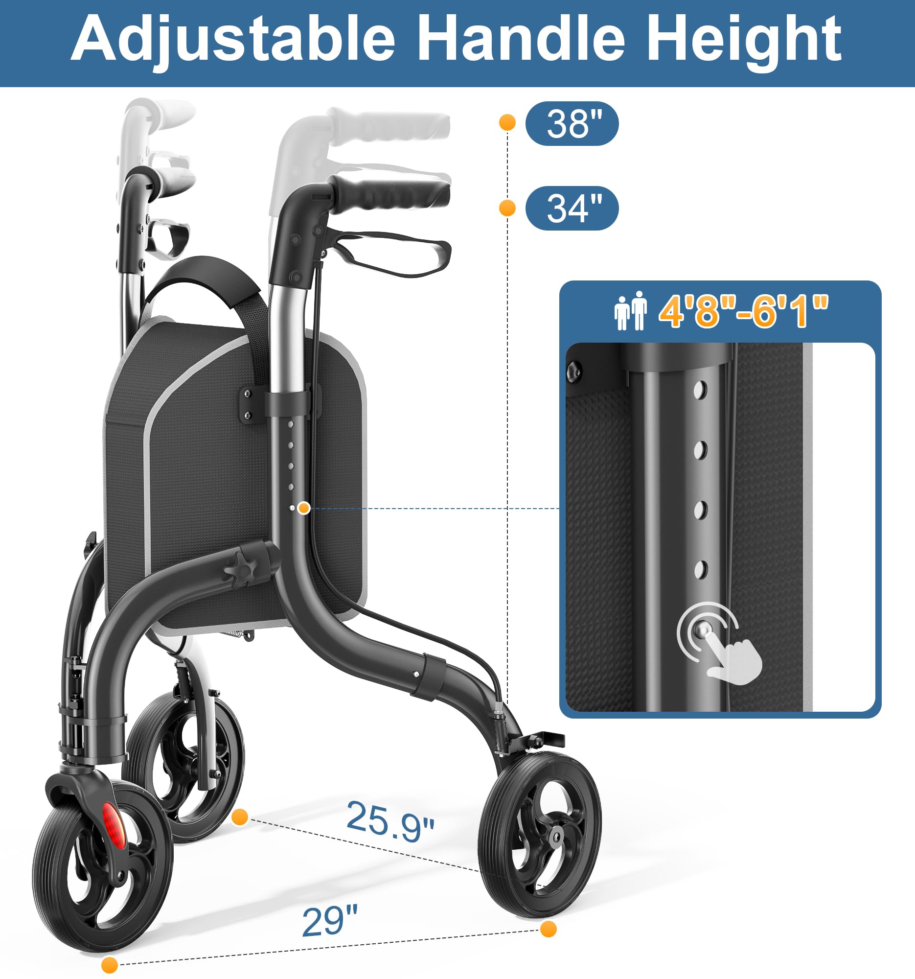HOMLAND 3 Wheel Walkers for Seniors, Lightweight Foldable Aluminum Three Wheel Walker, Height Adjustable Compact Rollator Walker with Removable Storage Bag