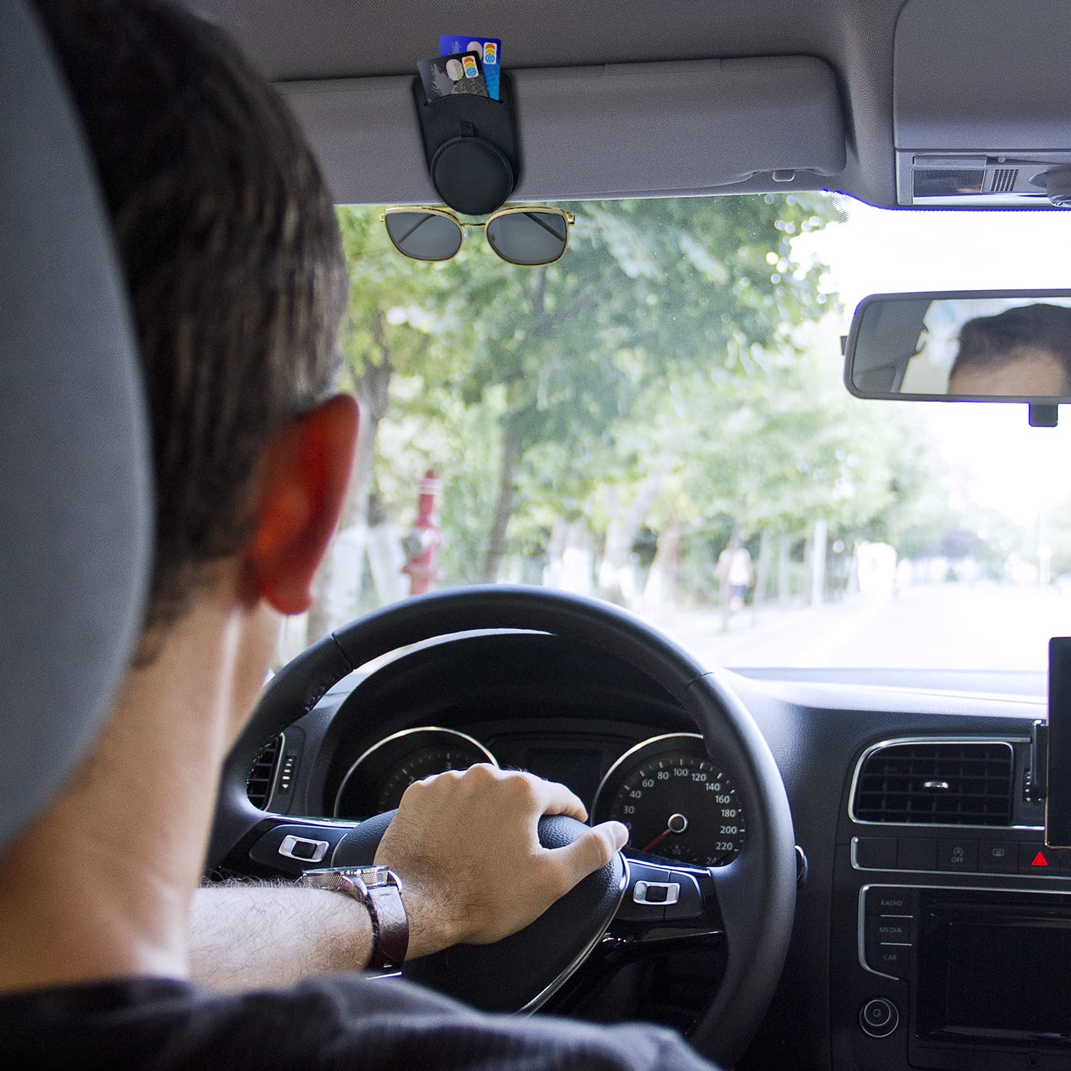 sicotool Sunglass Holder for Car Visor, Magnetic Leather Eyeglass Holder and Ticket Card Clip, Black Sunglasses Clip Car Accessories Interior for Woman Man