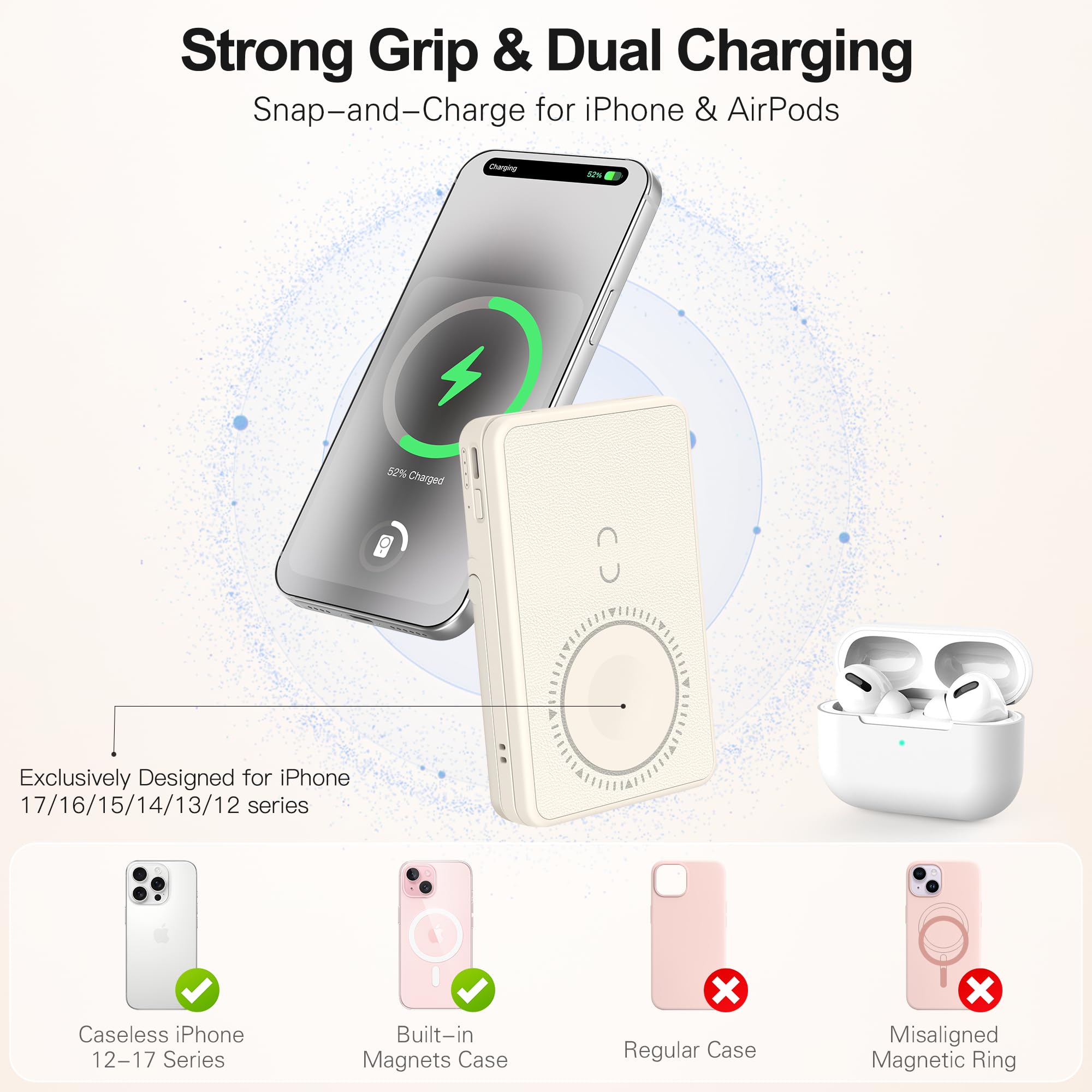 5-in-1 Magnetic Wireless Power Bank, 5000mAh Portable Charger with LED Mirror, Phone Stand, Card Holder & Bluetooth Remote, 20W Fast Charging for iPhone & Android, Travel Essential for Women, Khaki