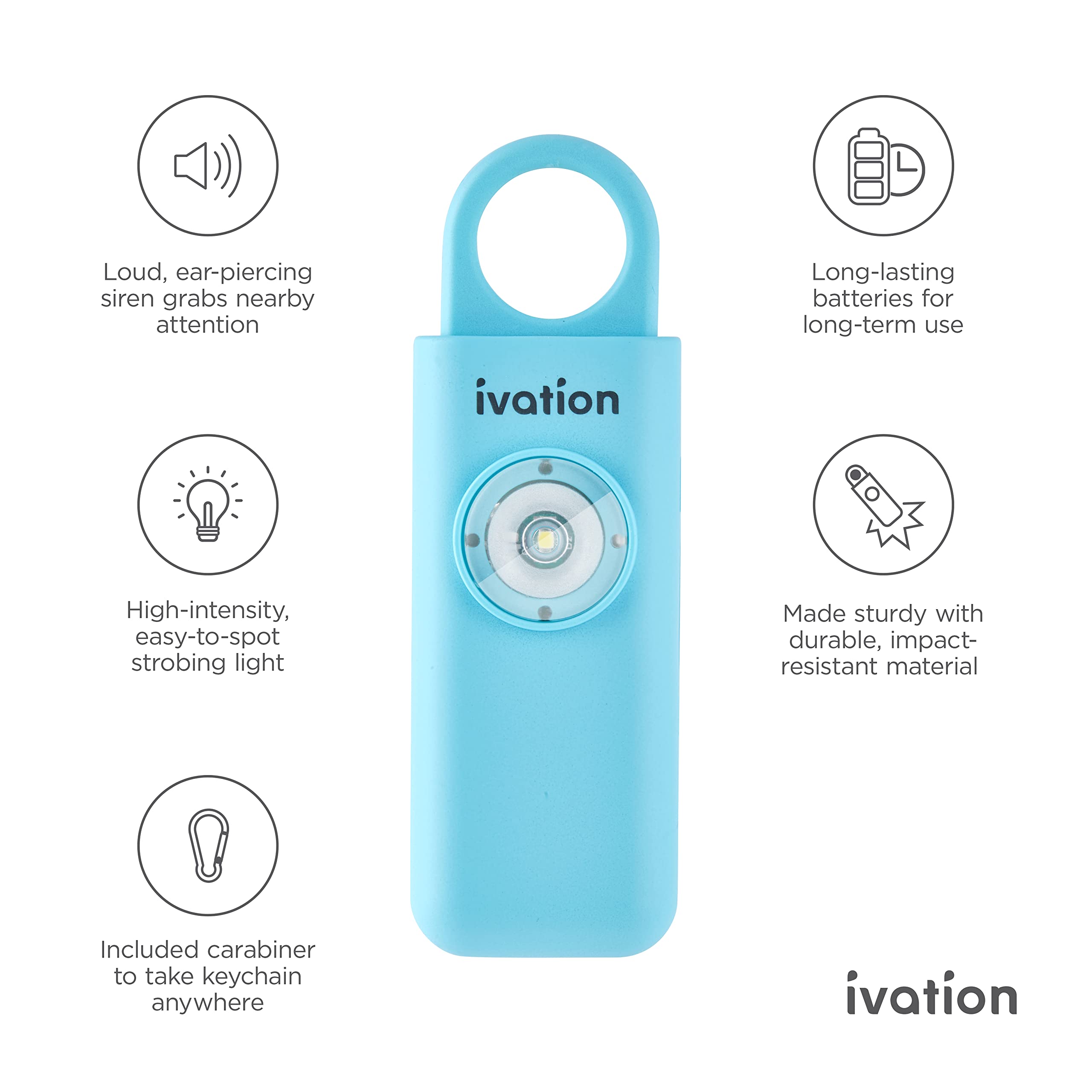 Ivation Personal SOS Alarm Keychain | Self-Defense Safety Siren & LED Panic Strobe Light with Carabiner Clip for Women, Children & Seniors | Pocket Size, Loud 125 dB Sound, Air Travel Friendly