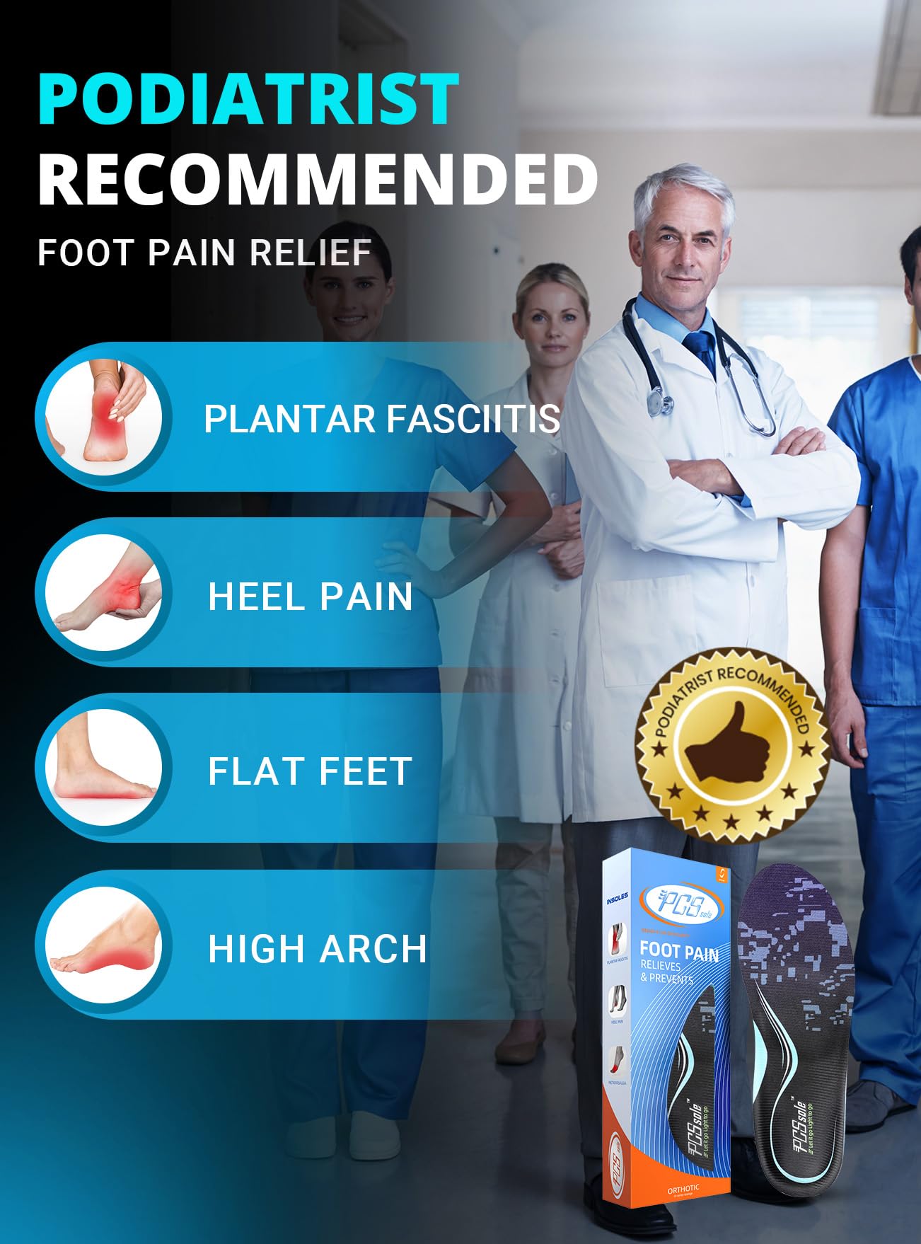 PCSsole Arch Support Inserts Women & Men - Shoe Inserts for Plantar Fasciitis Relief - Orthotic Insoles Standing All Day - for Flat Feet - Arch Pain - Heel Pain - Comfortable Boot Insoles for Working