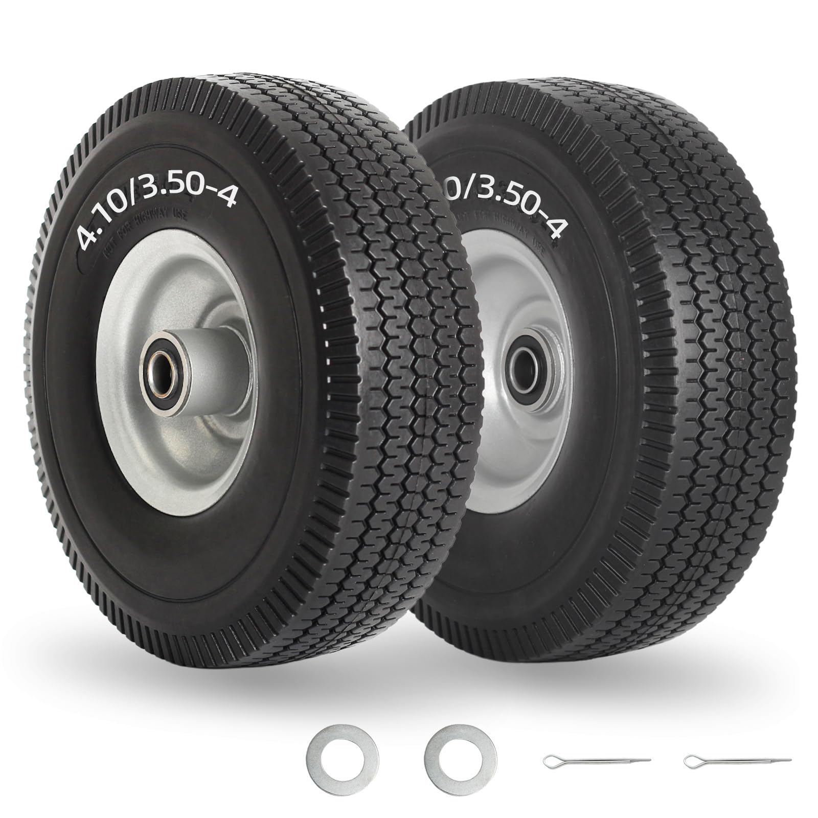 GICOOL 4.10/3.50-4" Flat Free Tire and Wheel, 10" Solid Tire with 5/8" Axle Bore Hole, 2.2" Offset Hub for Hand Truck Garden Wagon Cart Trolley Dolly Lawn Mover Replacement