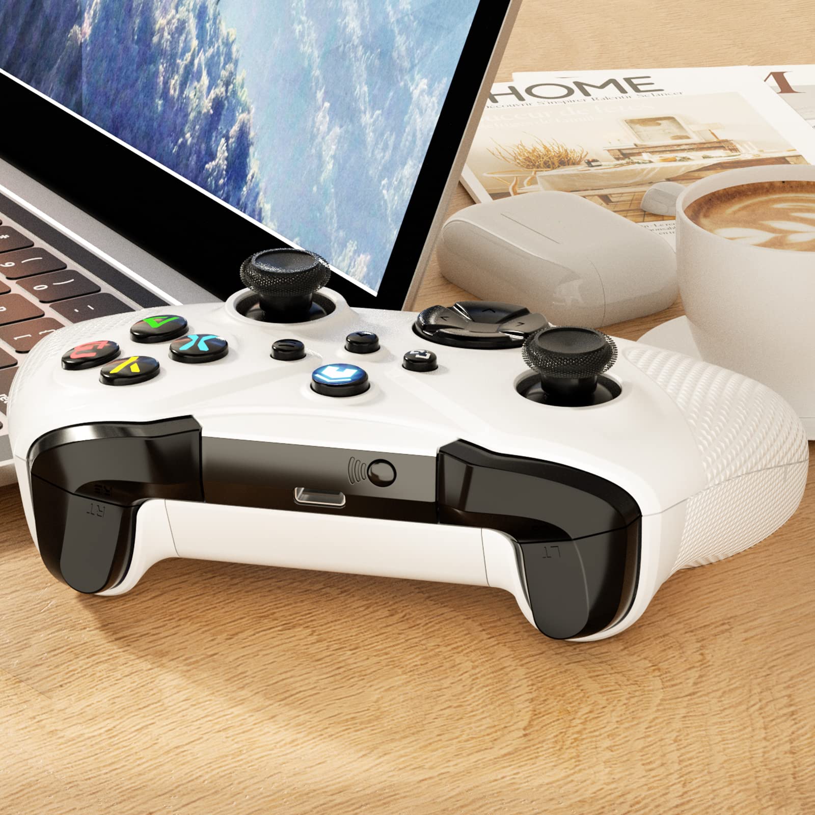 Dinosoo Wireless Controller for Android Windows PC Steam Games, Dual Vibration TURBO Macro Function Hall Trigger 3.5mm Headphone Jack - White (Can't Connect to X for Now)