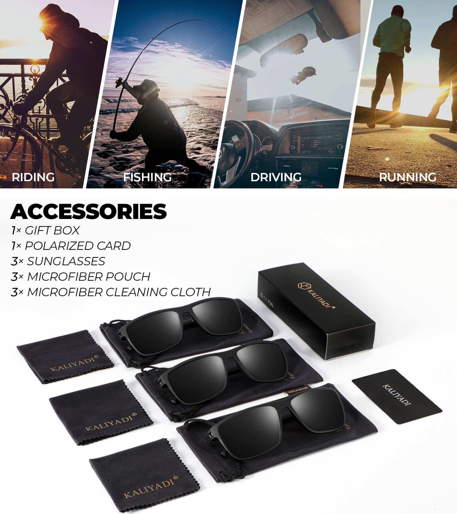 KALIYADI Polarized Sunglasses Men, Lightweight Mens Sunglasses Polarized UV Protection Driving Fishing Golf (Black/Black/Black)