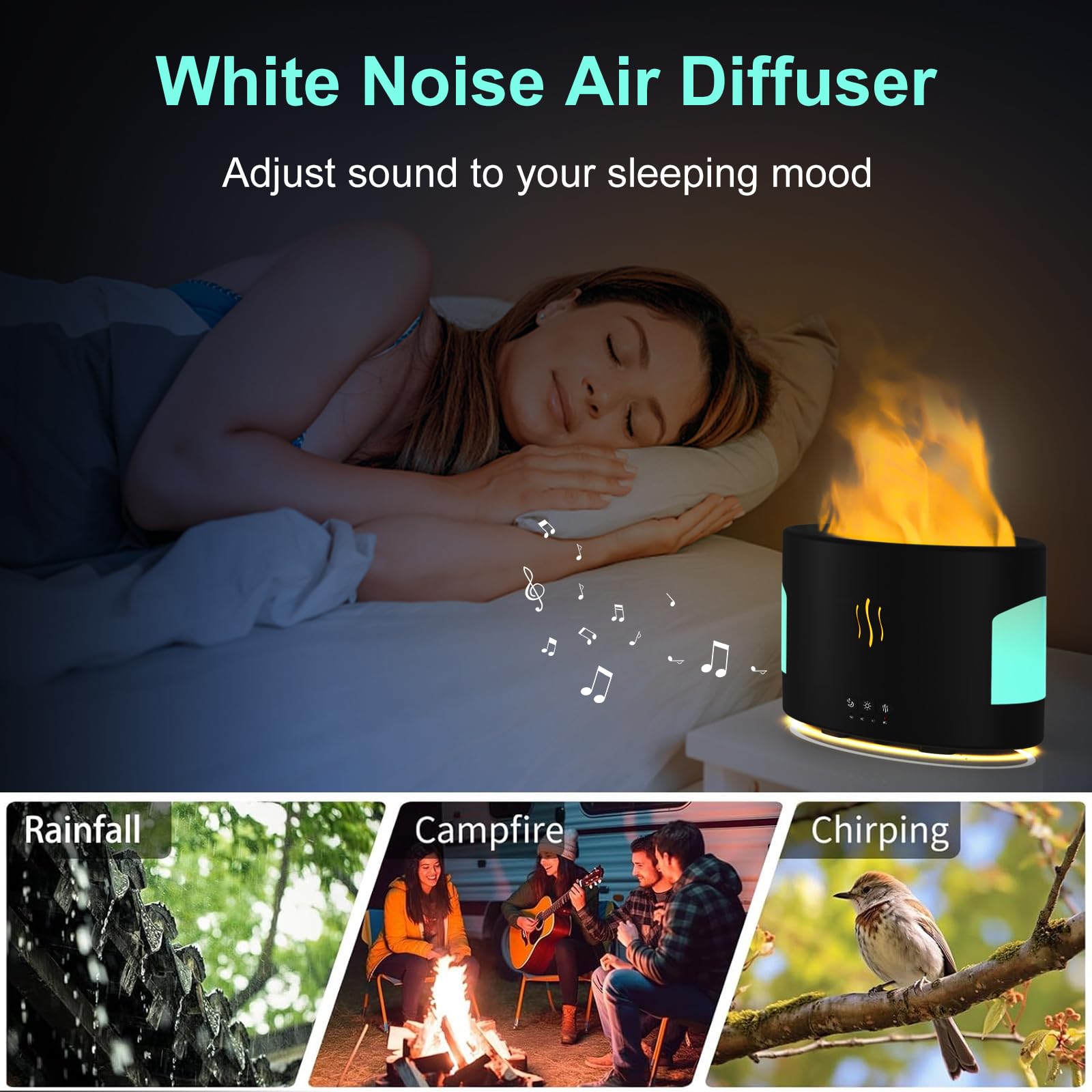 POSVIU Oil Diffusers for Home Large Room, 450ml Air Humidifier with Bluetooth Speaker, White Noise and Remote, Flame Humidifier for Bedroom, Office, 7 Colors Diffuser Gifts