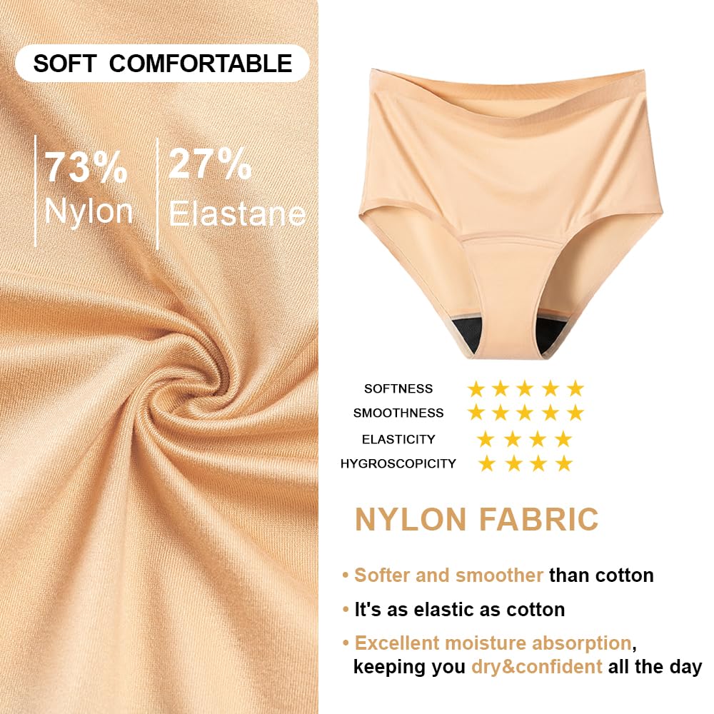 BATTEWA Incontinence Underwear for Women Washable, Leak Proof Underwear High Absorbency, Bladder Leak Underwear Protective Briefs, Seamless Panties 50ml, Beige, Medium(3 Pack