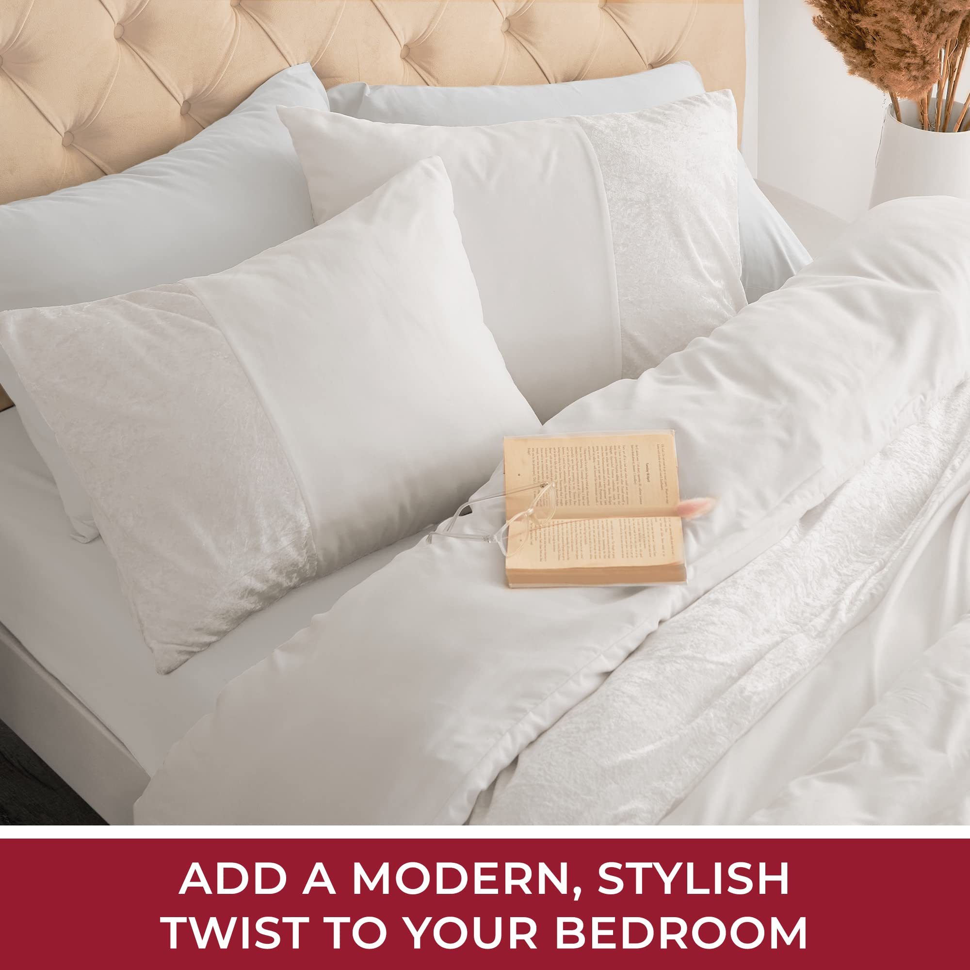 Mellanni Duvet Cover Set - Soft & Cooling Microfiber - Wrinkle, Fade, and Stain Resistant - Button Closure and Corner Ties - Velvet Stripe (Queen, White)