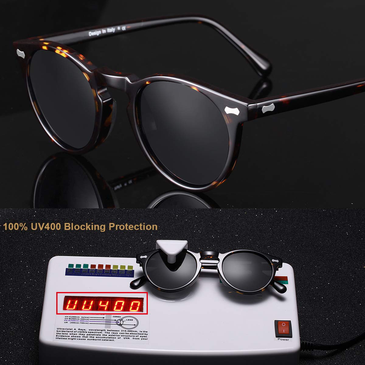 CARFIA Retro Polarized Sunglasses for Men UV400 Protection Handmade Acetate Round Frame CA5288L