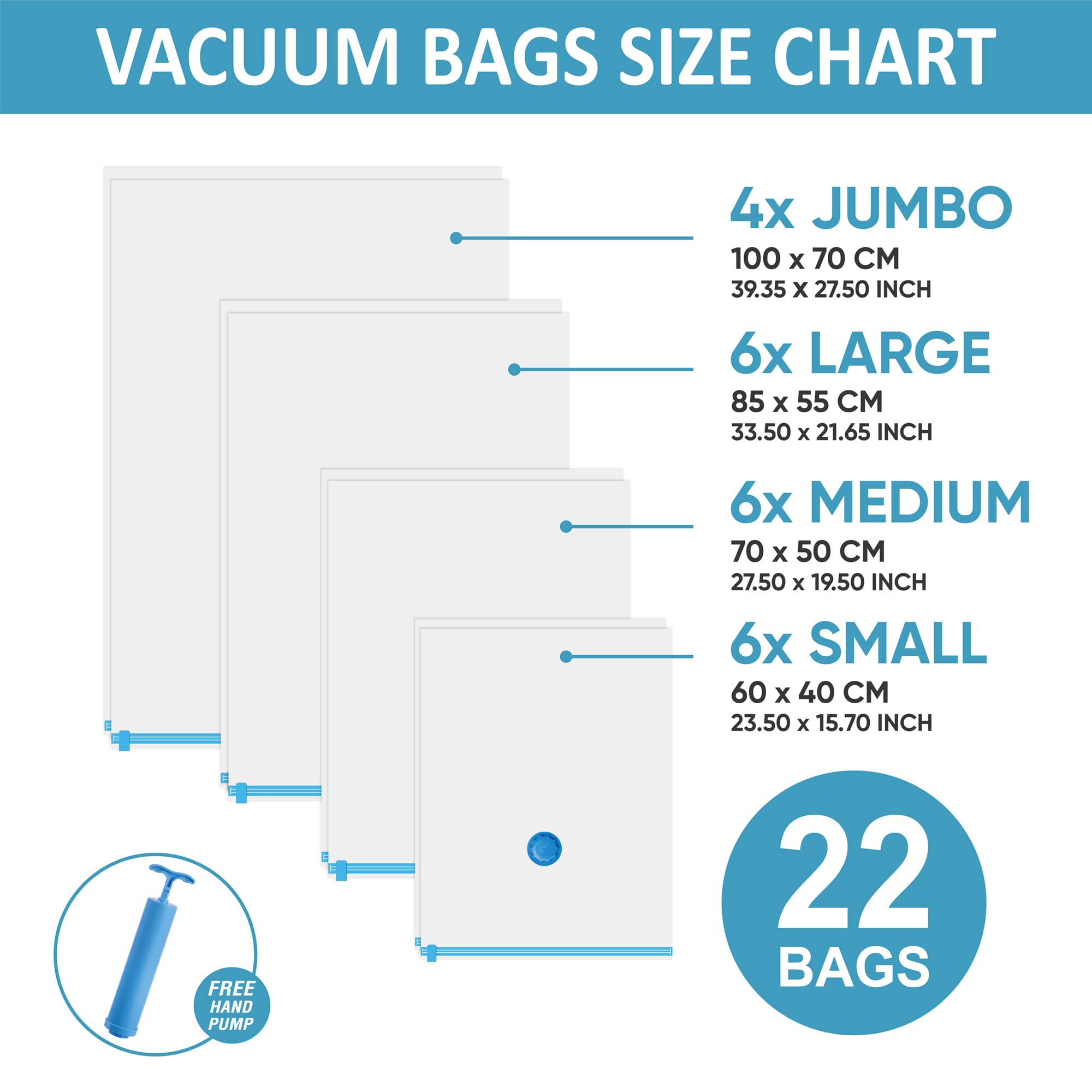 22 Vacuum Storage Bags with Hand Pump, 80% Space Saver Vacuum Seal Storage Bags for Clothing, Travel Lugggage, Blankets, Comforters