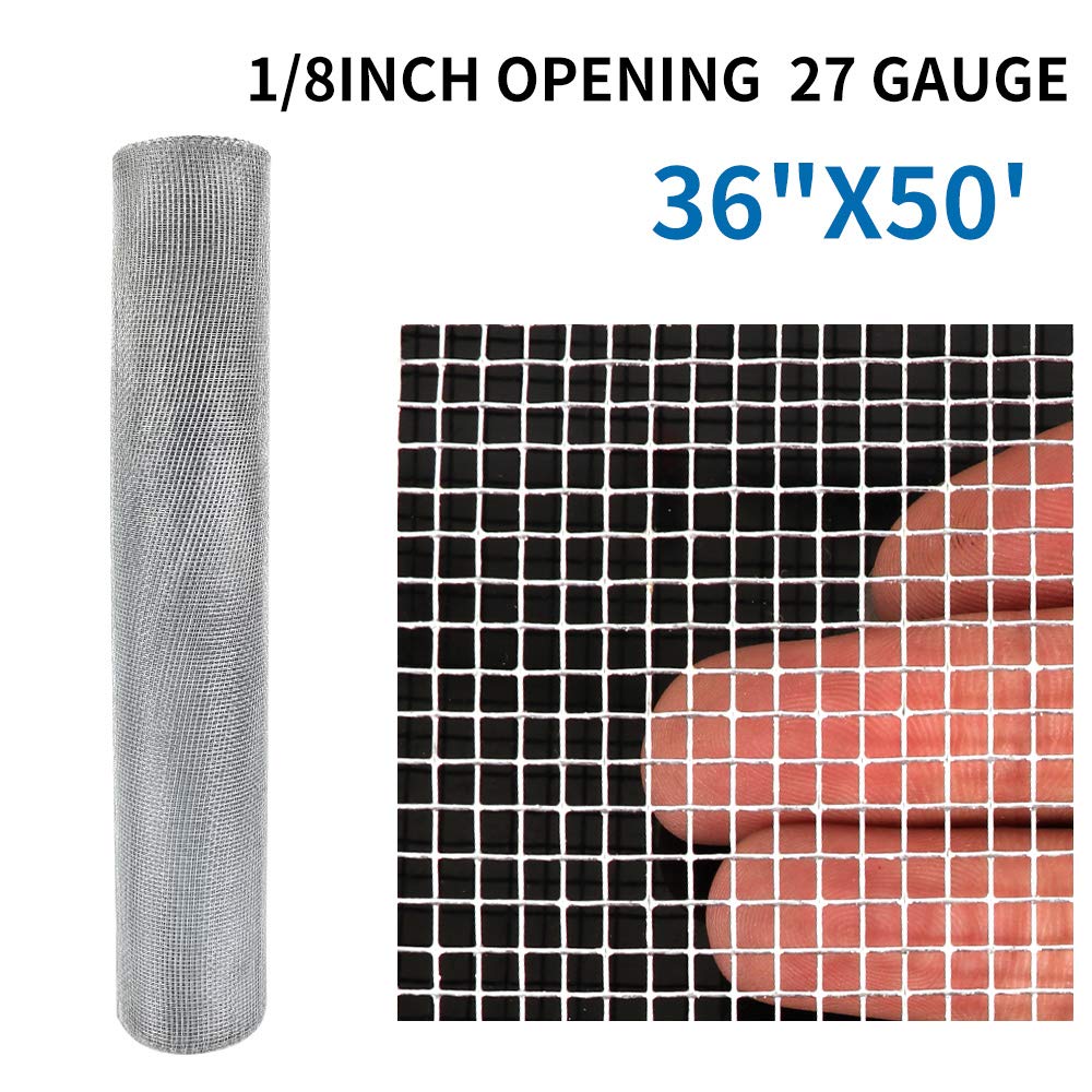 AMAGABELI GARDEN & HOME 36in x 50ft 1/8 inch Hardware Cloth 27 Gauge Galvanized Steel Chicken Wire Mesh Roll Fence Mesh Garden Plant Supports Poultry Netting Square Snake Fencing Gopher JW010