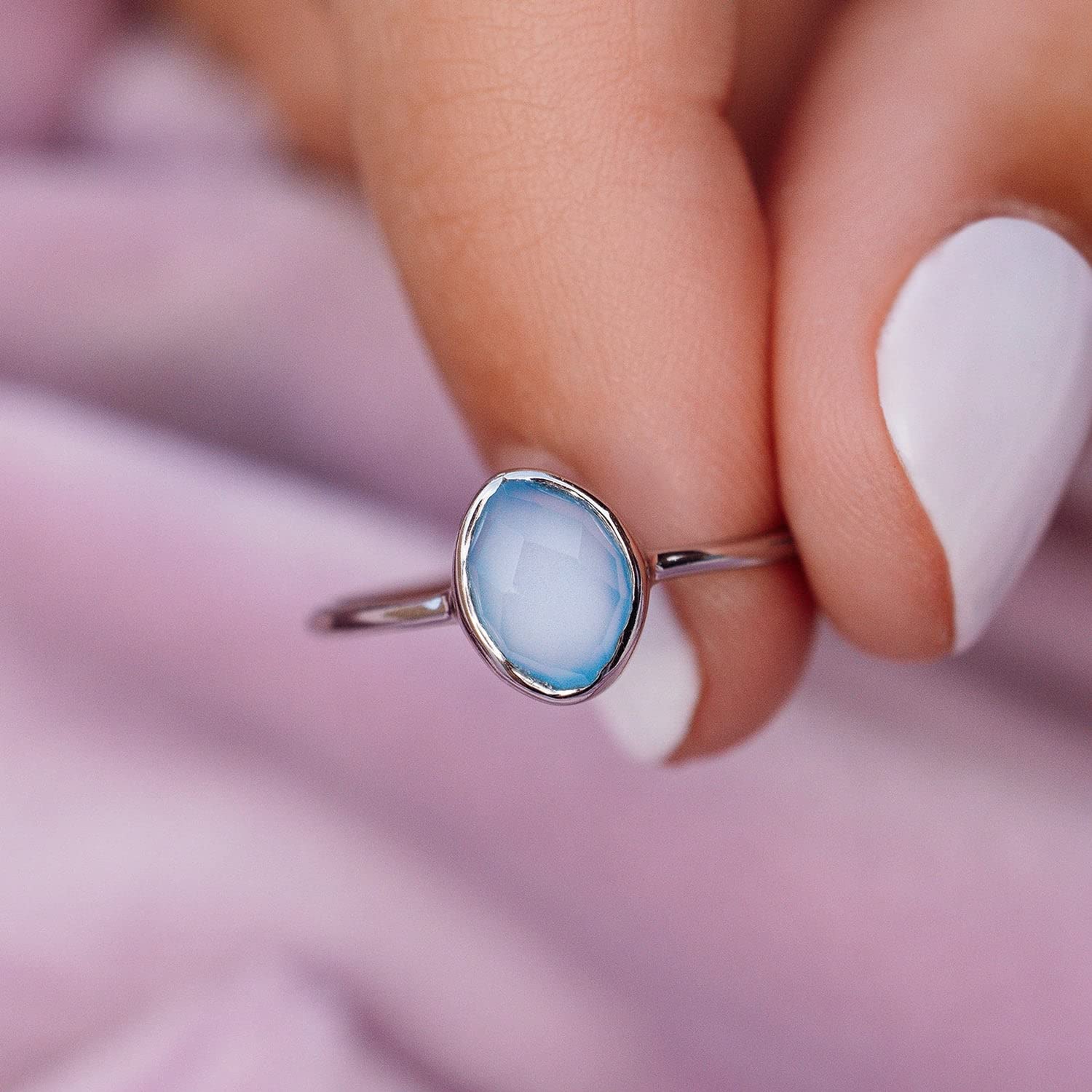 Pura Vida Ring Silver Organic Stone Ring - Handmade Ring with Blue Chalcedony, Brass Base with Rhodium Plating - Silver Rings for Women, Cute Rings, Boho Jewelry for Women - Size 9