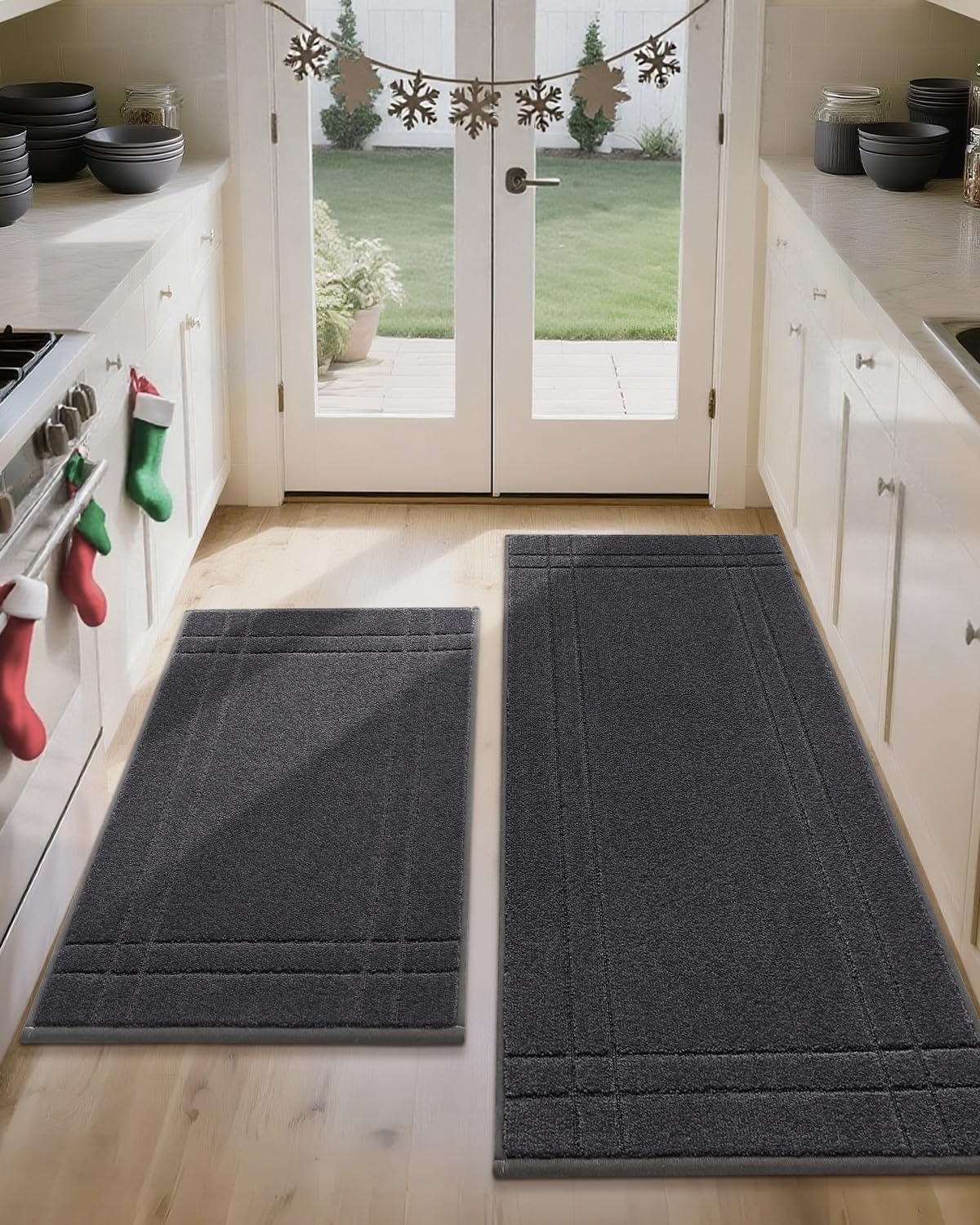 JSEI Kitchen Mats for Floor, Non-Slip Kitchen Rugs, Soft Washable Absorbent Kitchen Mats 2 PCS, Kitchen Runner Rug with TPR Backing, Polyester, 24"x36"+24"x60", Dark Grey