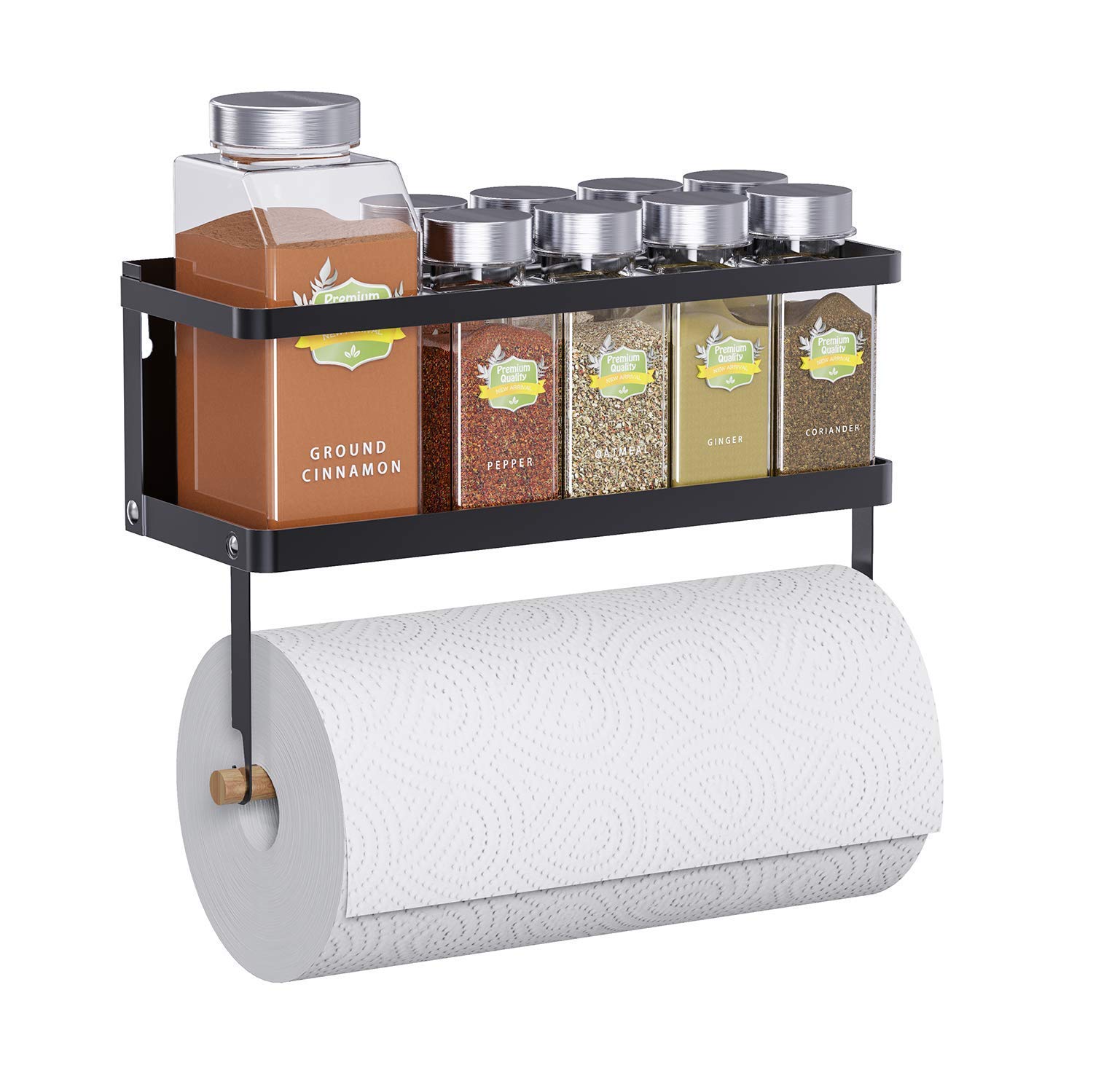 Thipoten Magnetic Spice Rack, 2-in-1 Foldable Strong Magnetic Shelf with Paper Towel Holder, Perfect Space Saver for Small Kitchen/Apartment, Easy to Install on the Side of Refrigerator(Black)