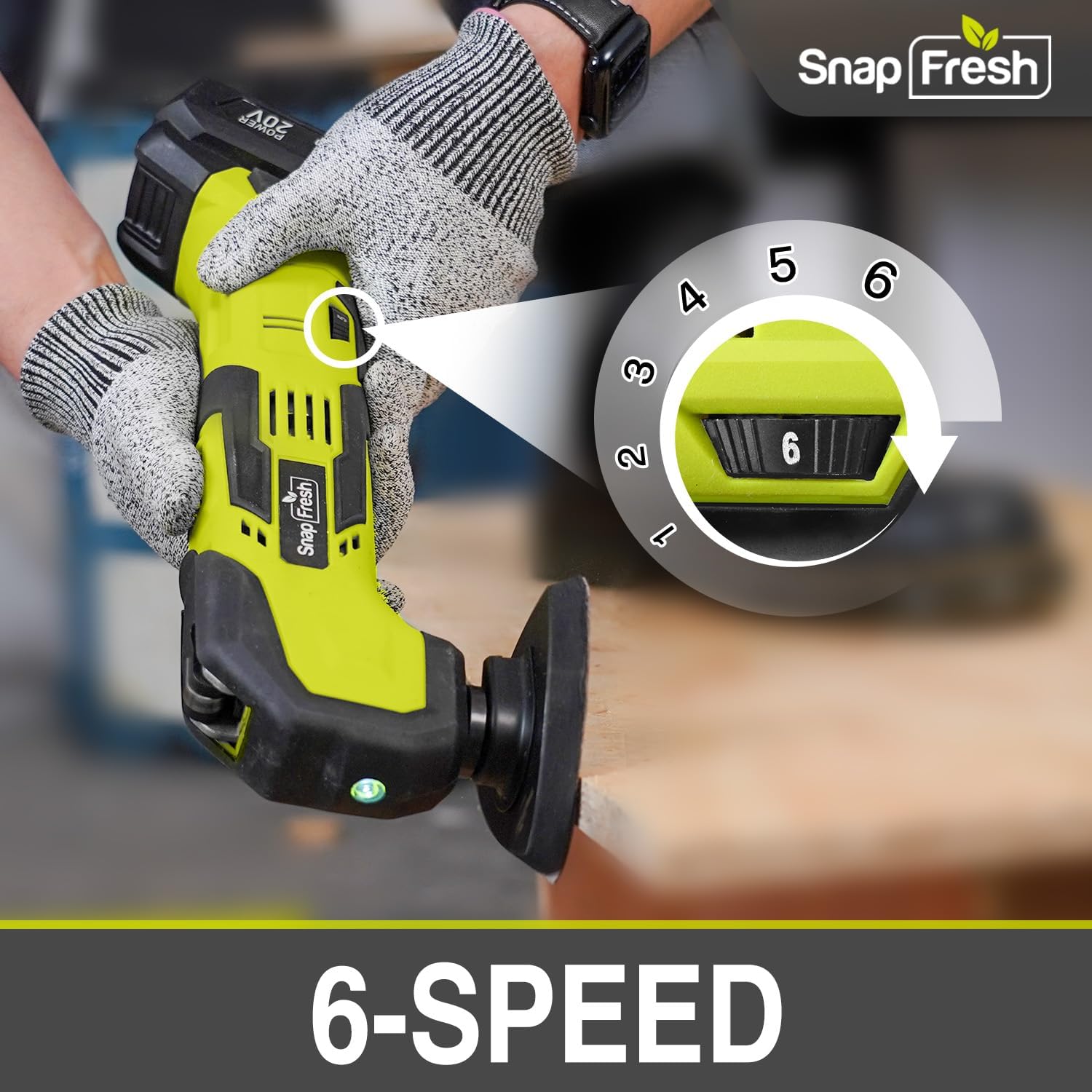 SnapFresh Oscillating Multi Tool Cordless, 20V DIY Tool Kit, 6 Speed, 3.2°Oscillation Angle, Quick-Lock Replaceable, 24pcs Accessories, Battery & Fast Charger, For Scraping, Blades Sanding, Cutting