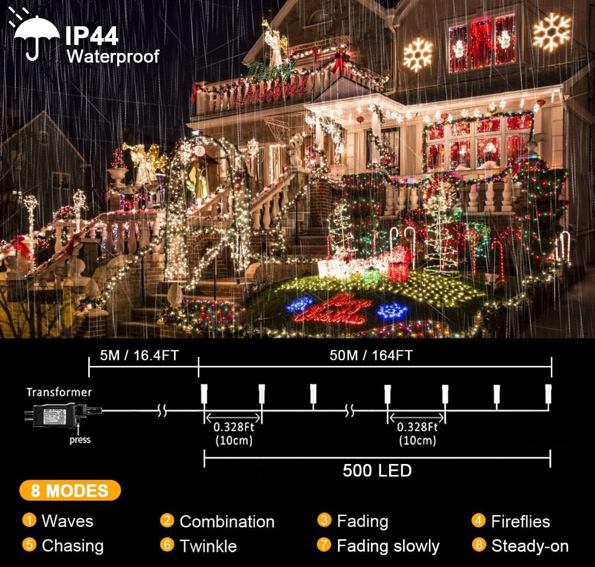 kemooie 500 LED Christmas Lights, 164FT 8 Lighting Modes with Timer Plug in Waterproof String Lights for Outdoor Christmas Birthday Wedding Party Garden Balcony Decorations (Warm White)