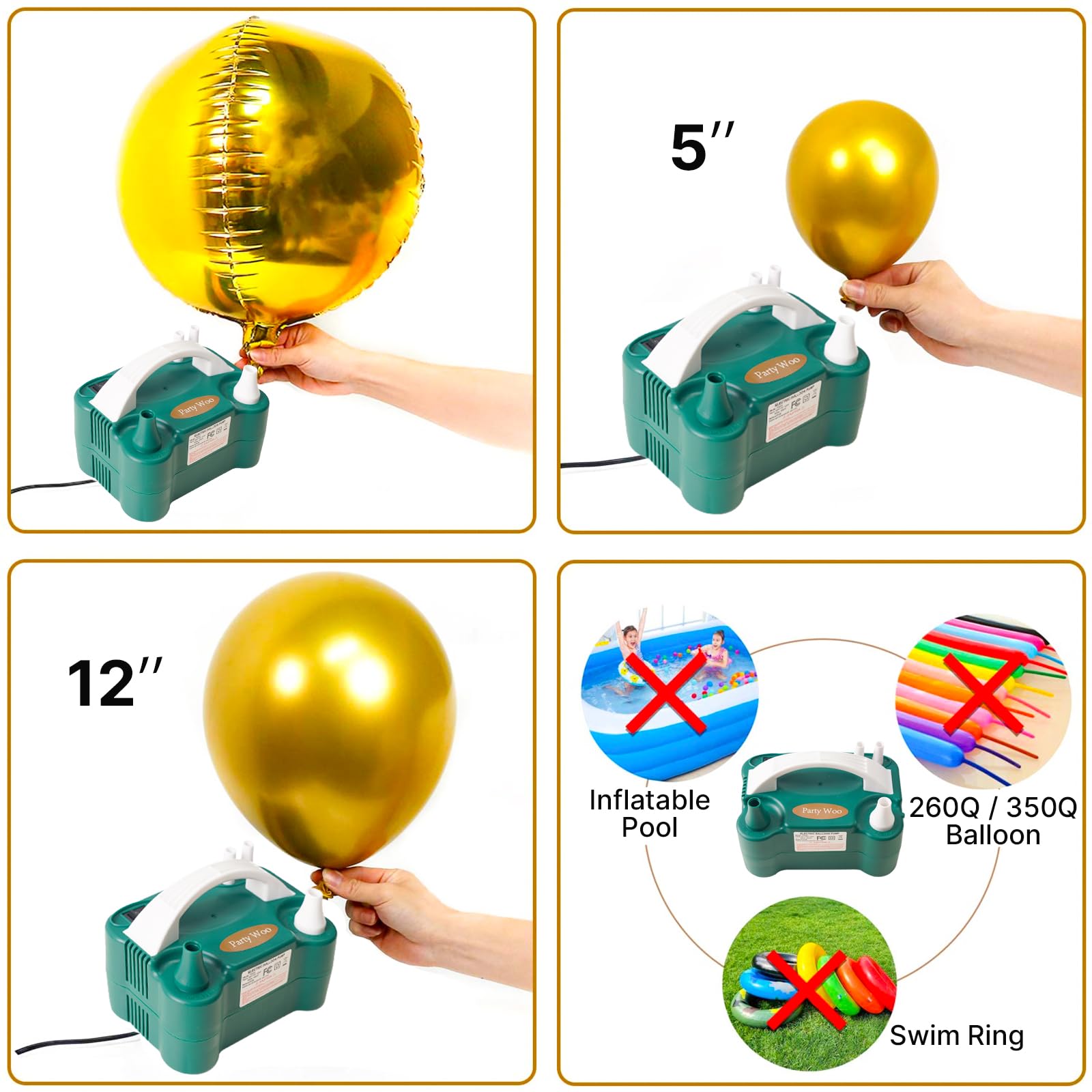 PartyWoo 110V 600W Electric Balloon Pump, Portable Balloon Inflator, Dual Nozzle Air Pump for Balloon Garland