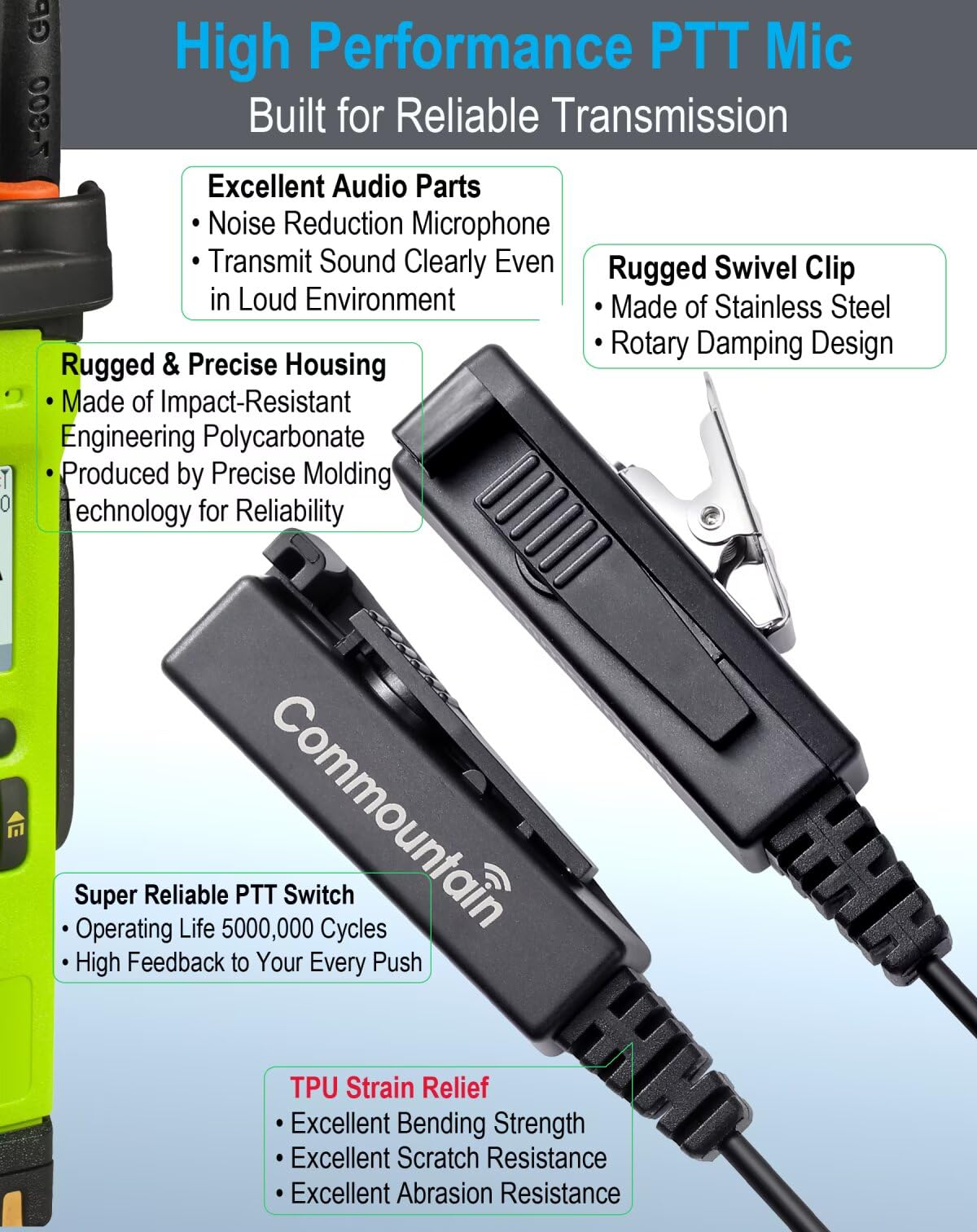 commountain APX 6000 XPR 7550e Earpiece with Mic for Motorola Radios APX 8000 (7000 4000) XPR 7350e (7550 7350 7580e 7380e) APX6000 APX7000 APX8000 XPR7550e XPR7550, Two Wire Surveillance Headset