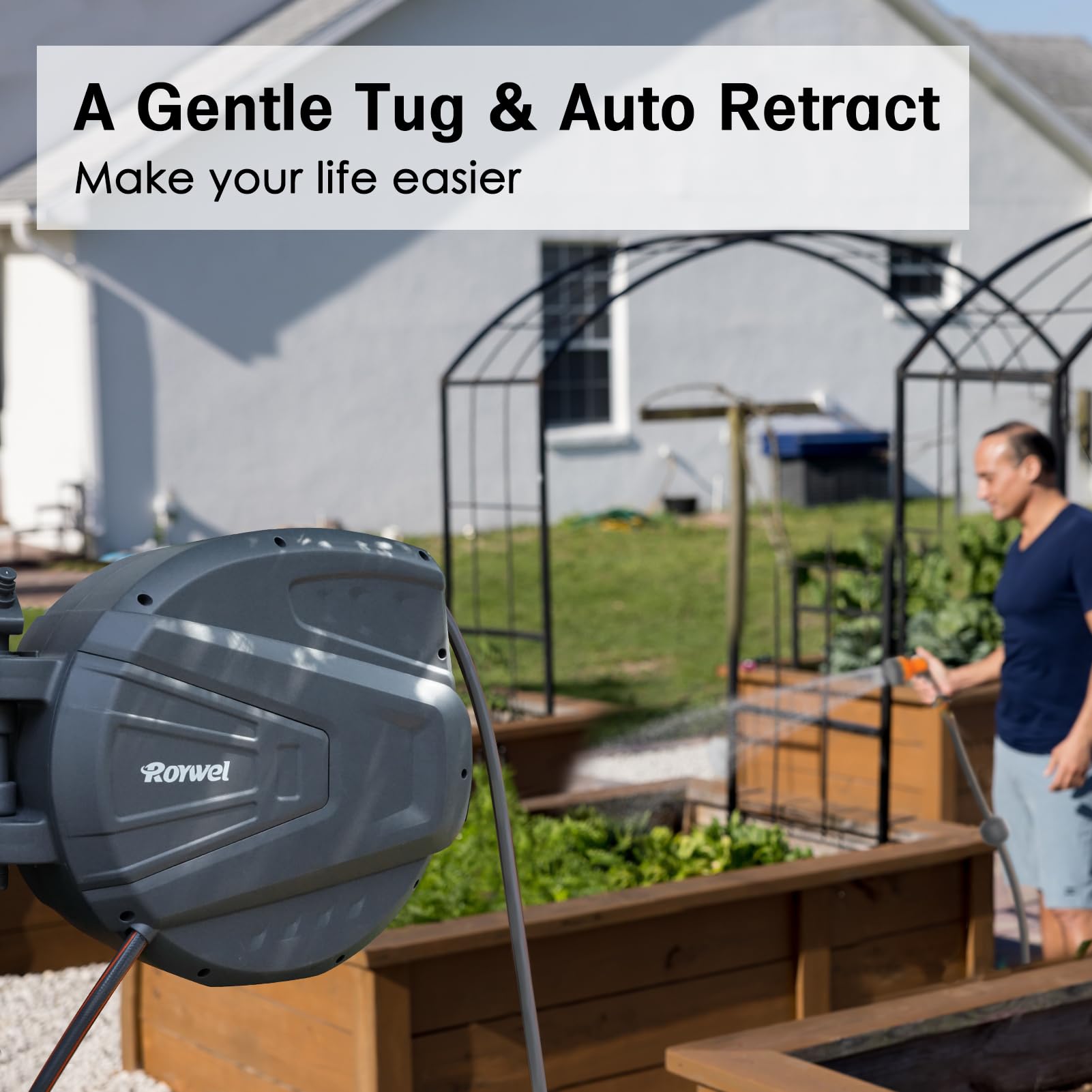 Roywel Retractable Hose Reel 1/2" X 100ft Garden Hose Reel,Auto Rewind/Self-Locking System/Wall Mounted/180°Pivot Bracket With 9- Function Sprayer Nozzle For Garden Lawn Garage watering