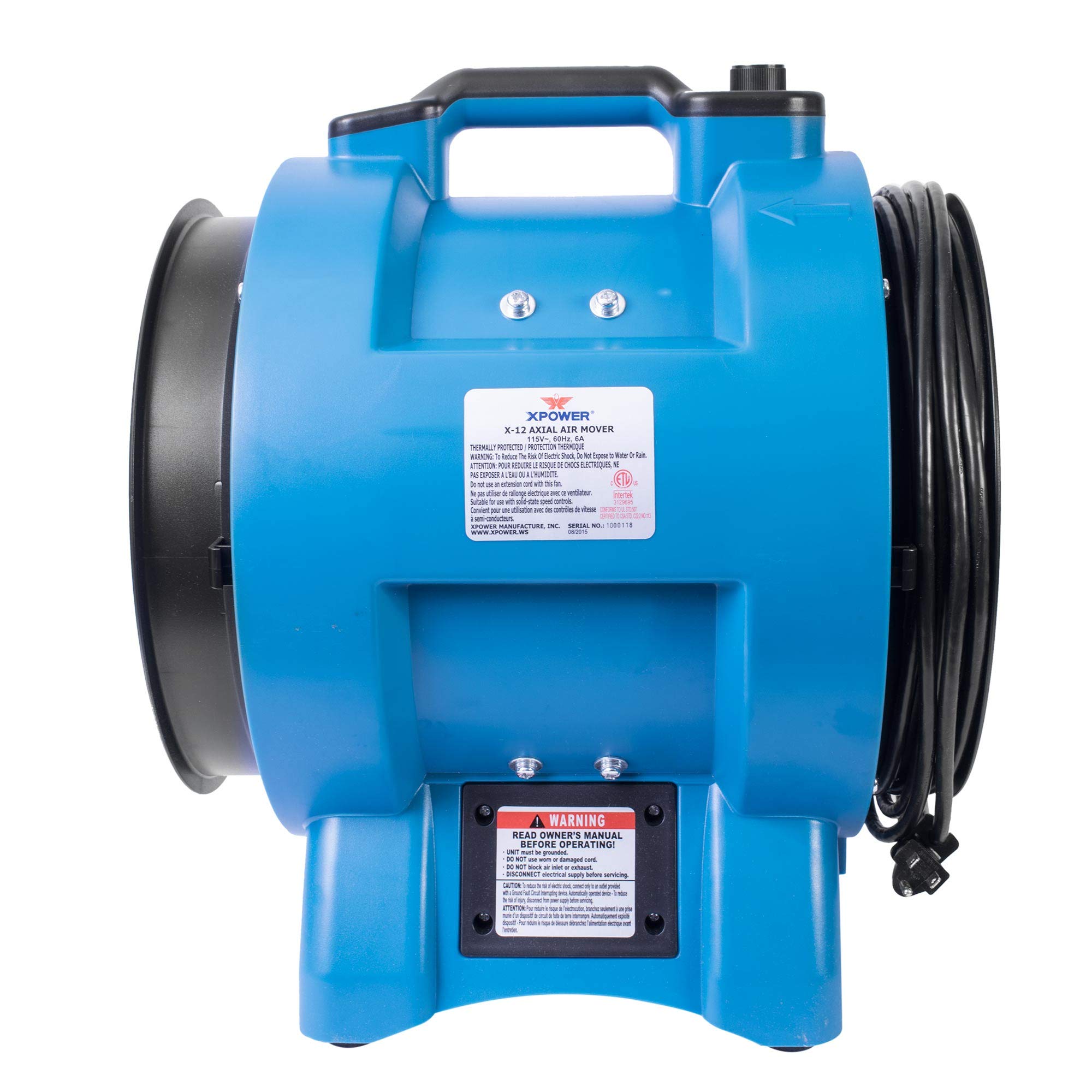 XPOWER X-12 Industrial Blower Confined Space Ventilation Fan — 12” Portable Utility Exhaust Fan for Corn Mill, Manhole, Sewage Systems, 1/2 HP — Blue