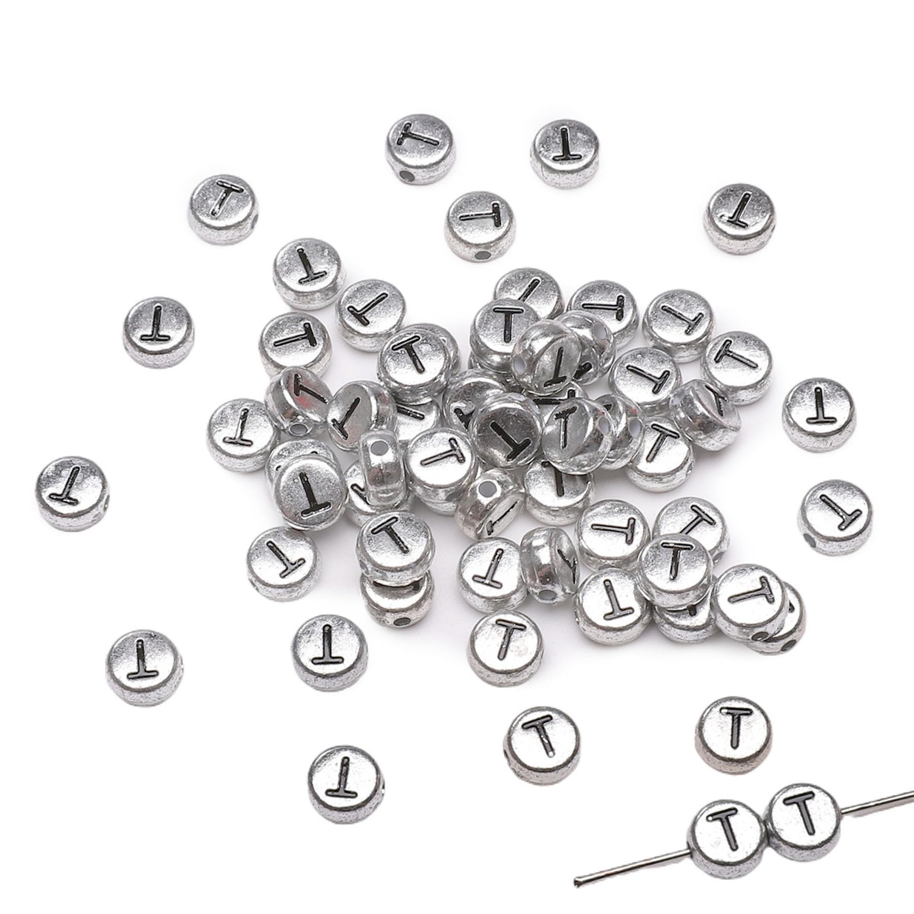 Yiizzxin 200Pcs Round Ancient Silver Letter T Beads,4x7mm Flat Letter-T Bead for Bracelets,Alphabet Beads for Jewelry Making DIY Necklaces Crafts Supply(Silver-T)