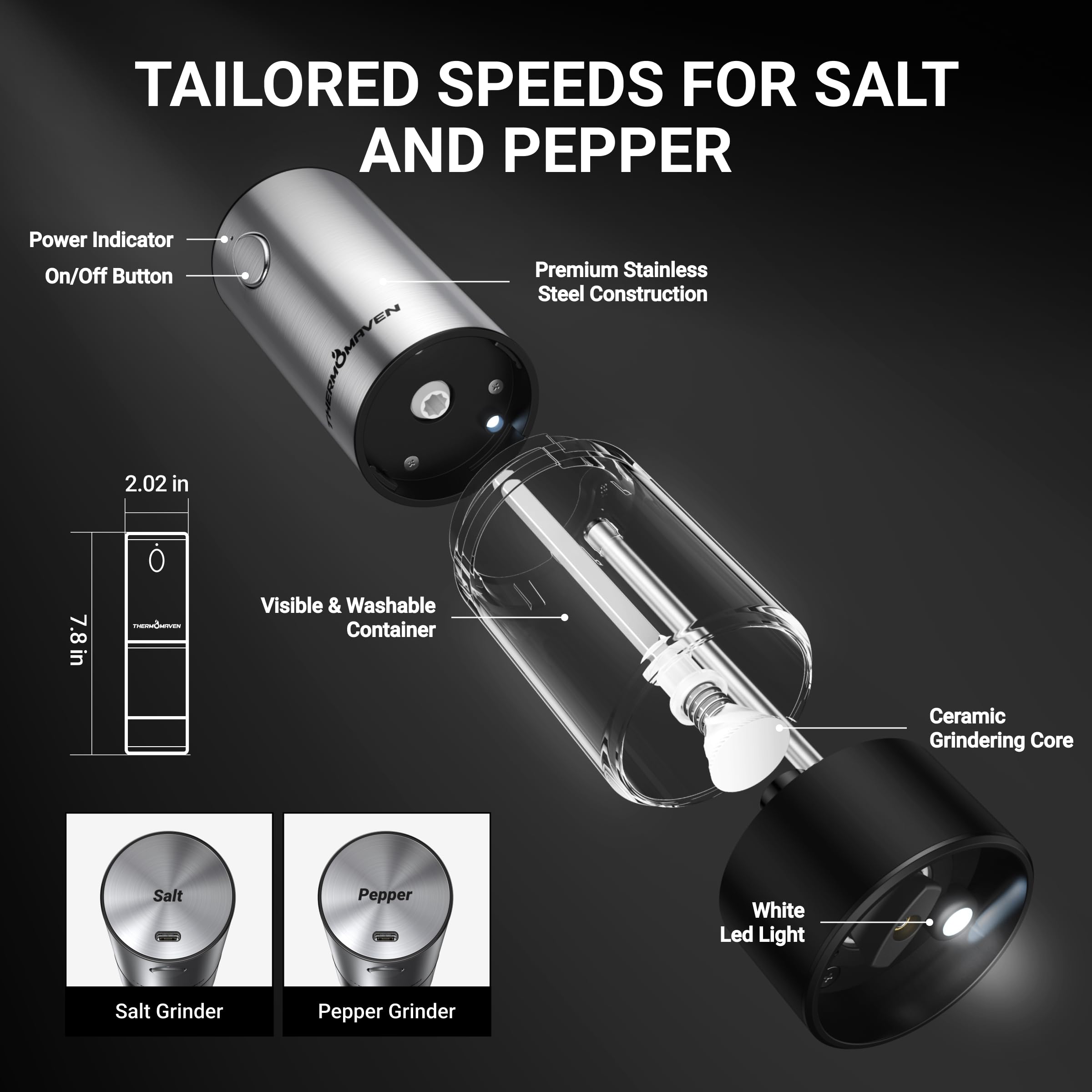 ThermoMaven Electric Salt and Pepper Grinder Set, 110ml Larger Rechargeable Automatic Salt and Pepper Mill Grinder with 6 Adjustable Coarseness, Electric Salt and Pepper Shakers, LED, 2 Packs, Black