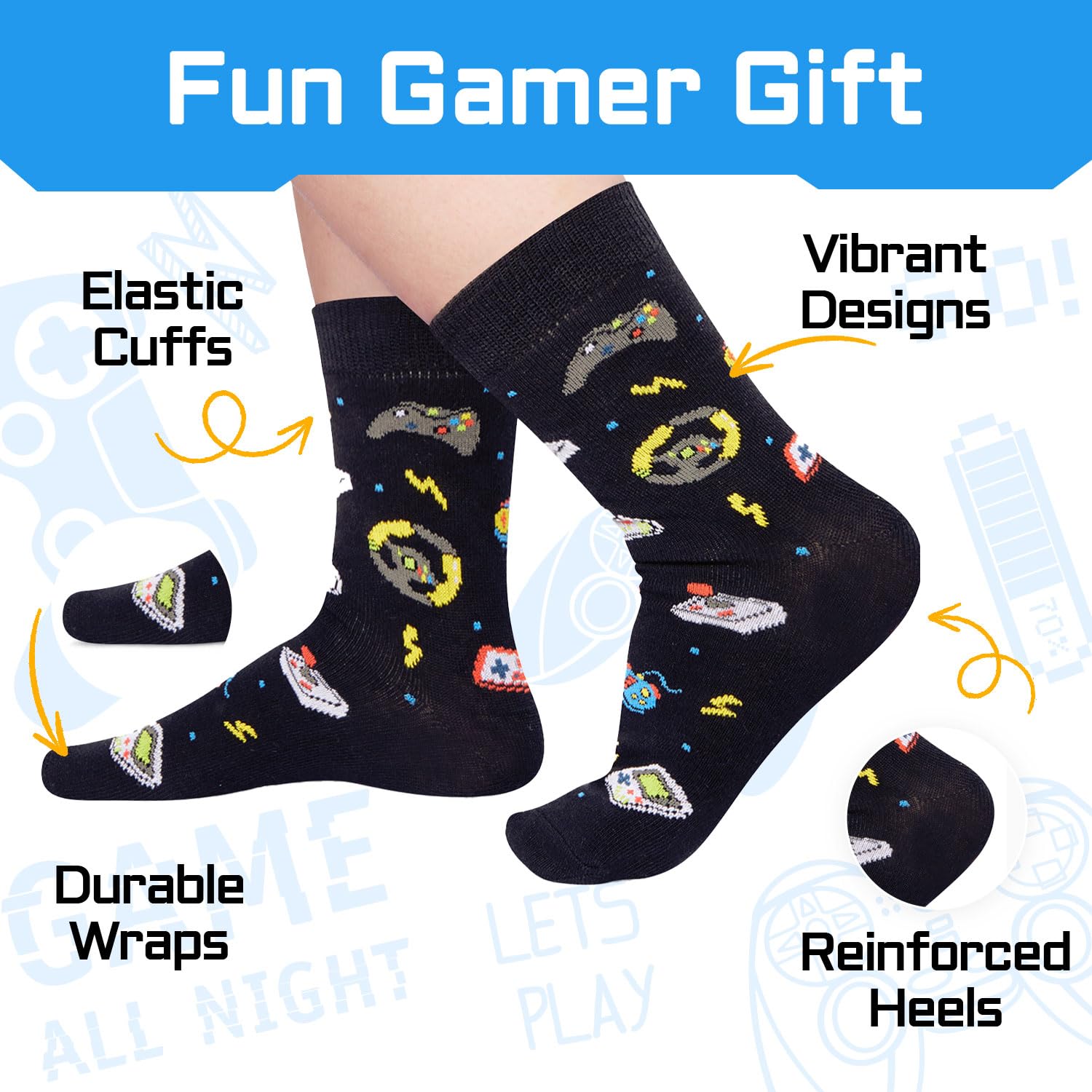 Gamer Gifts Teen Boys - Funny Gamer Socks for Teen Boys, Gaming Gamer Gifts with Greeting Card, Video Game Socks for 7-9 Years Old Kids