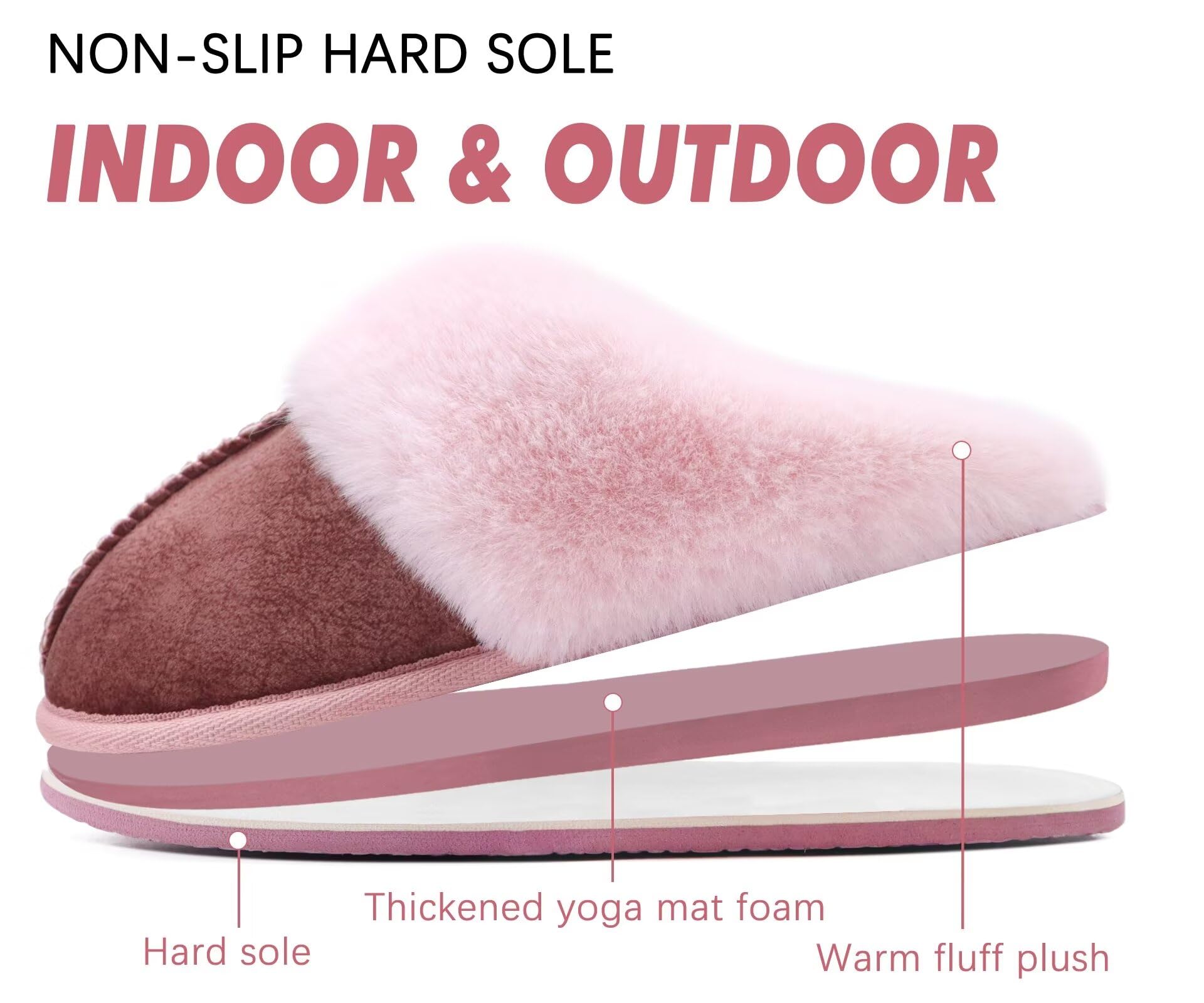 KuaiLu Womens Slippers, Fluff Dual Memory Foam Slippers Ladies Cozy Arch Support Warm Scuff Slippers Slip on Comfy Winter House Shoes with Non-Slip Indoor Outdoor Hard Sole Pink 8