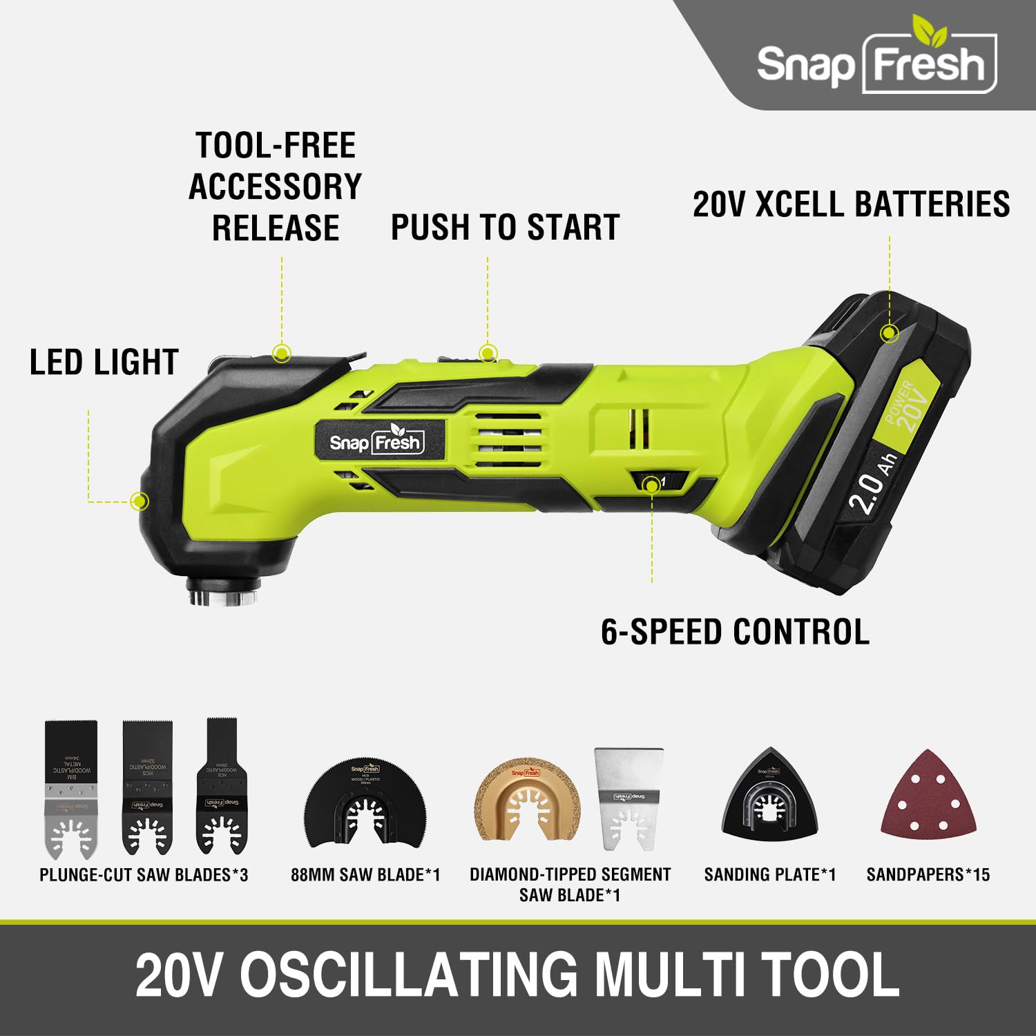 SnapFresh Oscillating Multi Tool Cordless, 20V DIY Tool Kit, 6 Speed, 3.2°Oscillation Angle, Quick-Lock Replaceable, 24pcs Accessories, Battery & Fast Charger, For Scraping, Blades Sanding, Cutting